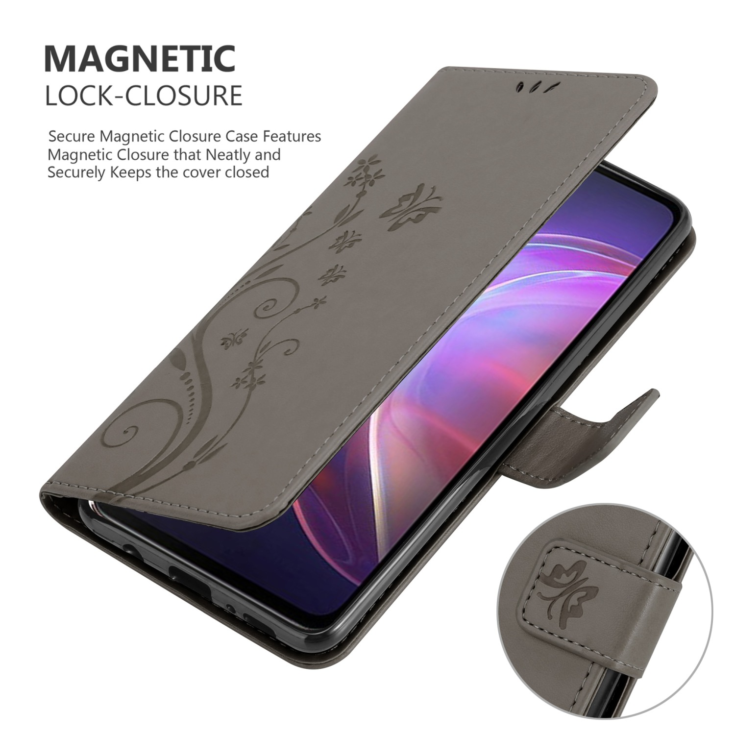 Custodia telefono grigia aperta, mostra telefono. Testo chiusura magnetica e motivi floreali.