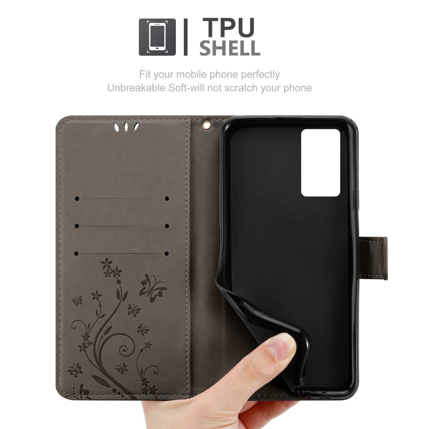 Custodia per telefono grigia, aperta, con telefono all'interno. Design floreale. Testo: TPU SHELL, Adatta perfettamente il tuo cellulare.