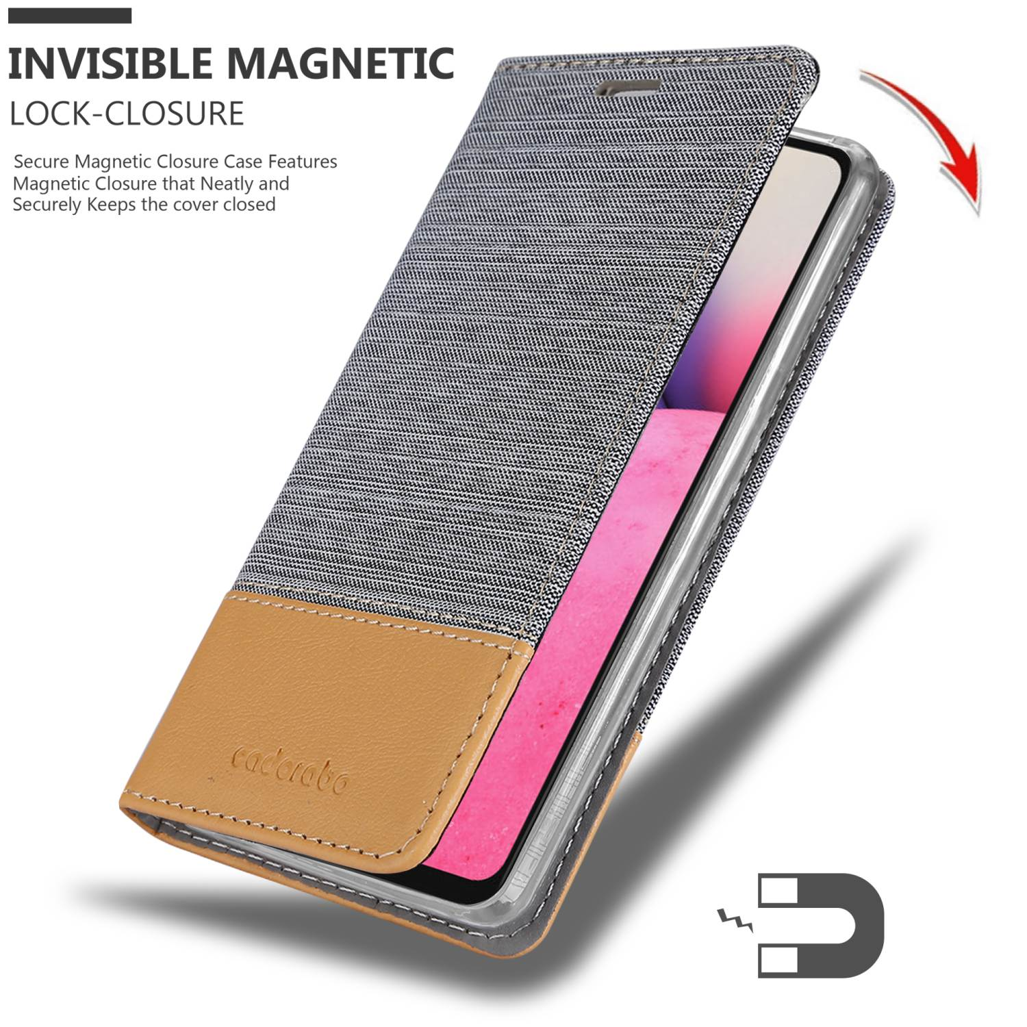 Geöffnete Handyhülle mit Telefon im Inneren. Braune und graue Außenseite mit Magnetverschluss. Der Hintergrund ist weiß.