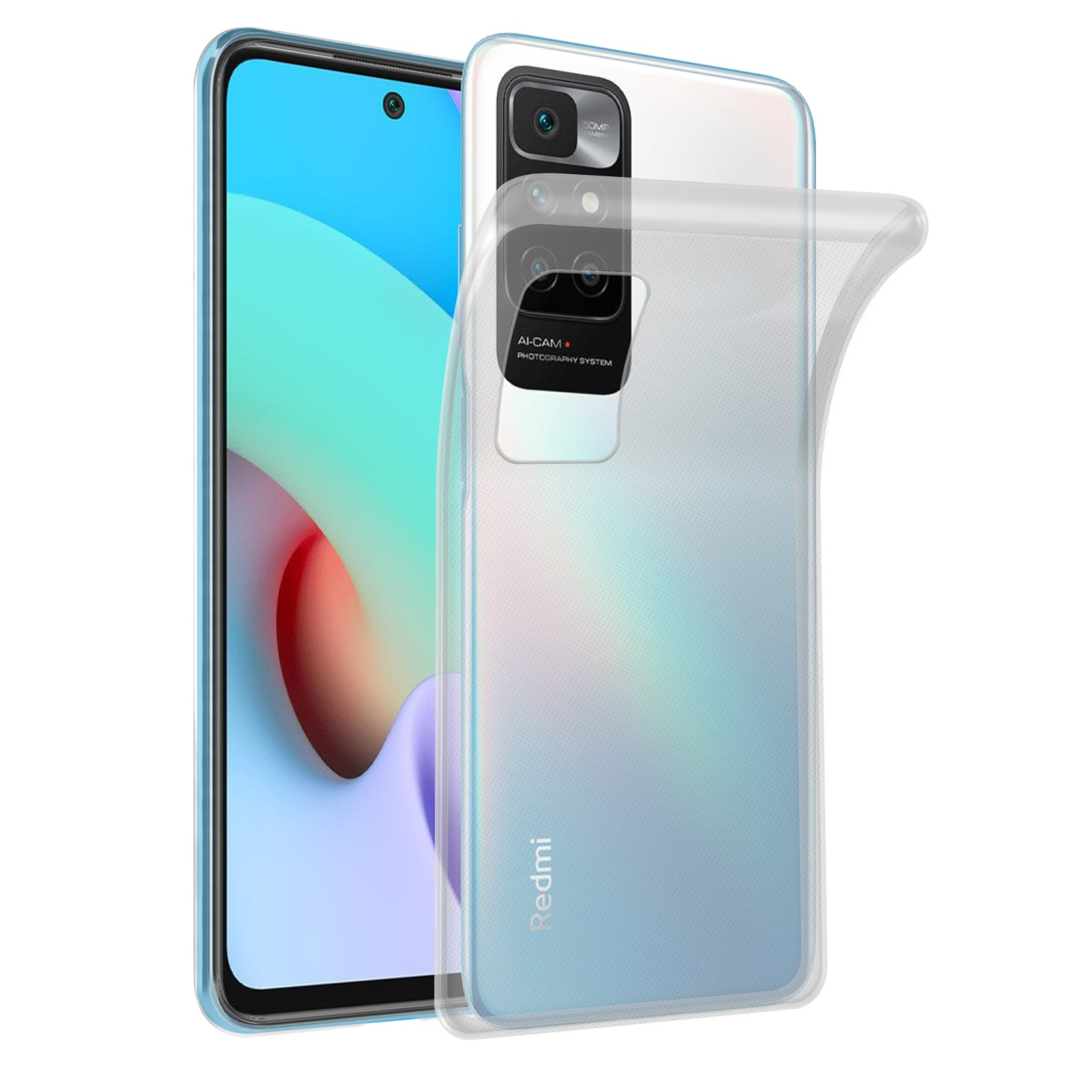Ein Telefon in einer transparenten Hülle, vor blauem Gradienten Hintergrund.
