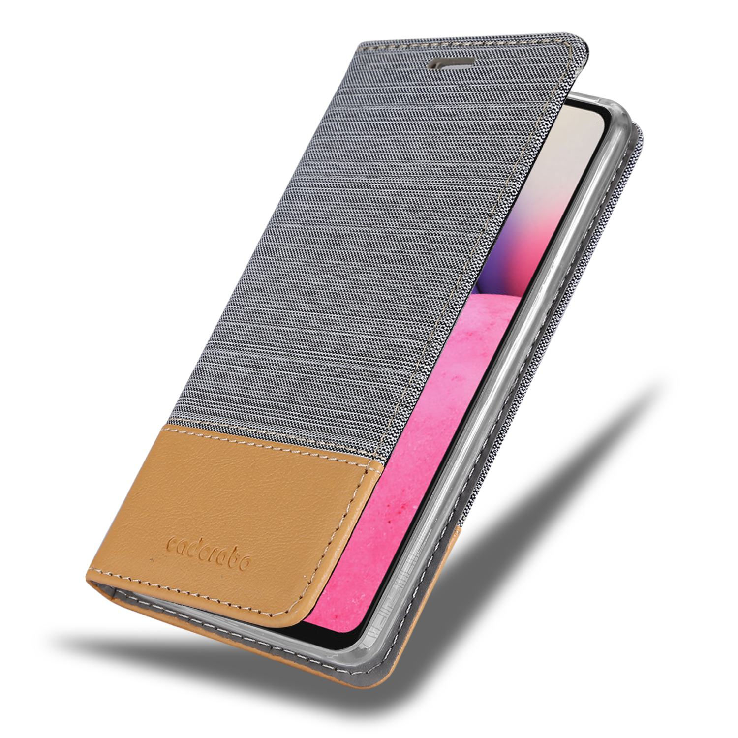 Handyhülle mit braunem, lederähnlichem Boden und grau gemustertem Oberteil, offen für das Telefon.