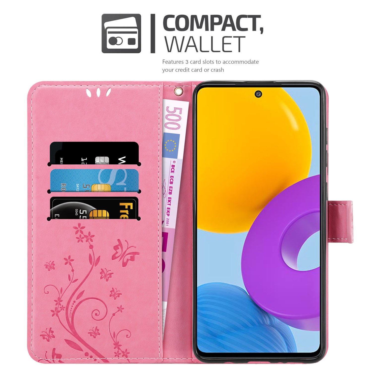 Custodia rosa aperta, con telefono, denaro e carte all'interno.