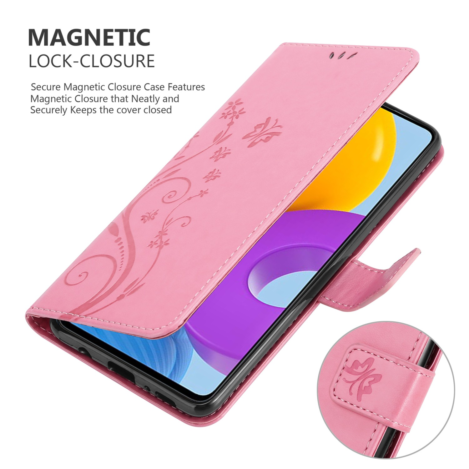 Custodia rosa per telefono aperta, che mostra il telefono. Testo: Caratteristiche di chiusura magnetica.