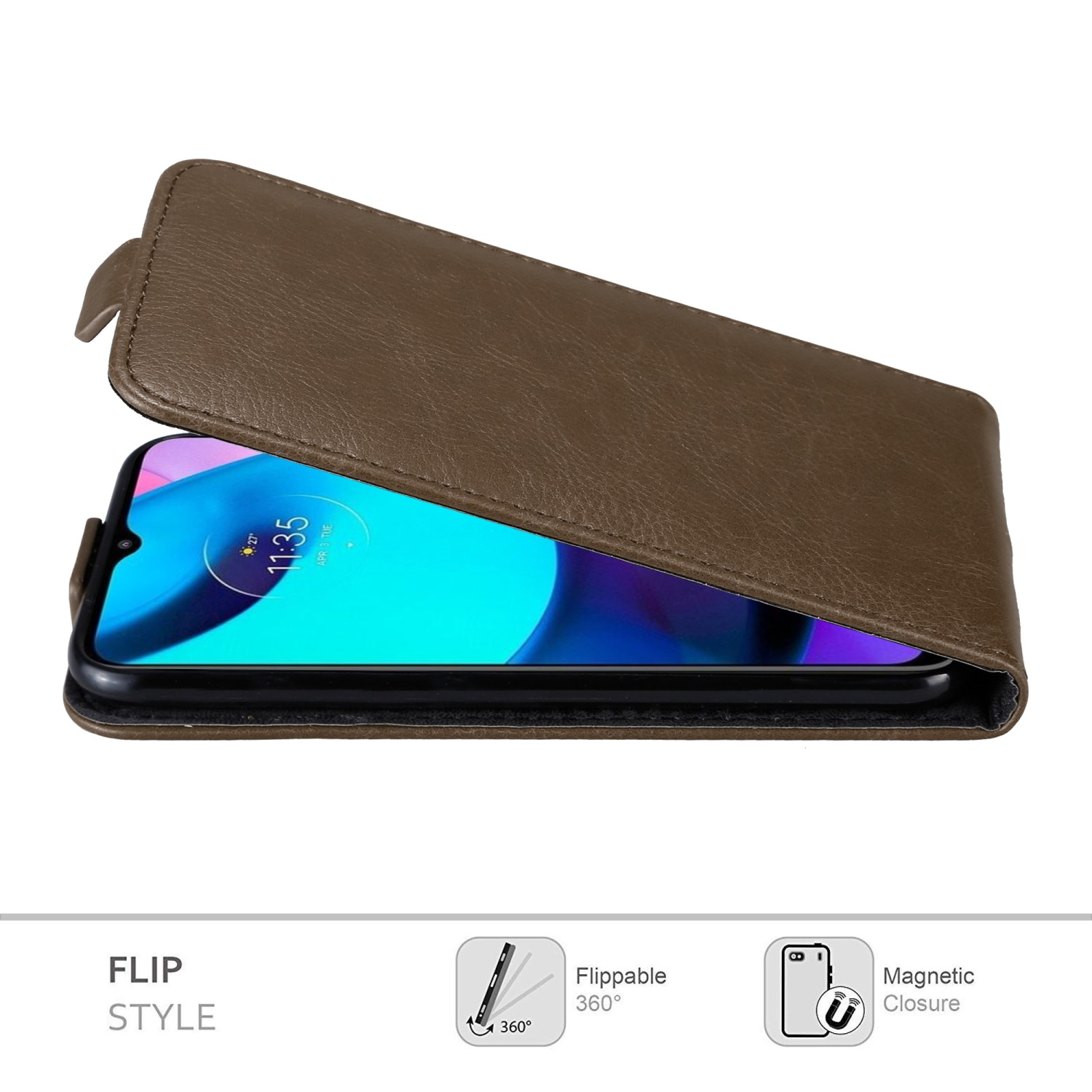 Braune Flip-Style-Handyhülle, geöffnet, um ein Telefon freizulegen. Symbole für 360-Grad-Flip und Magnetverschluss.