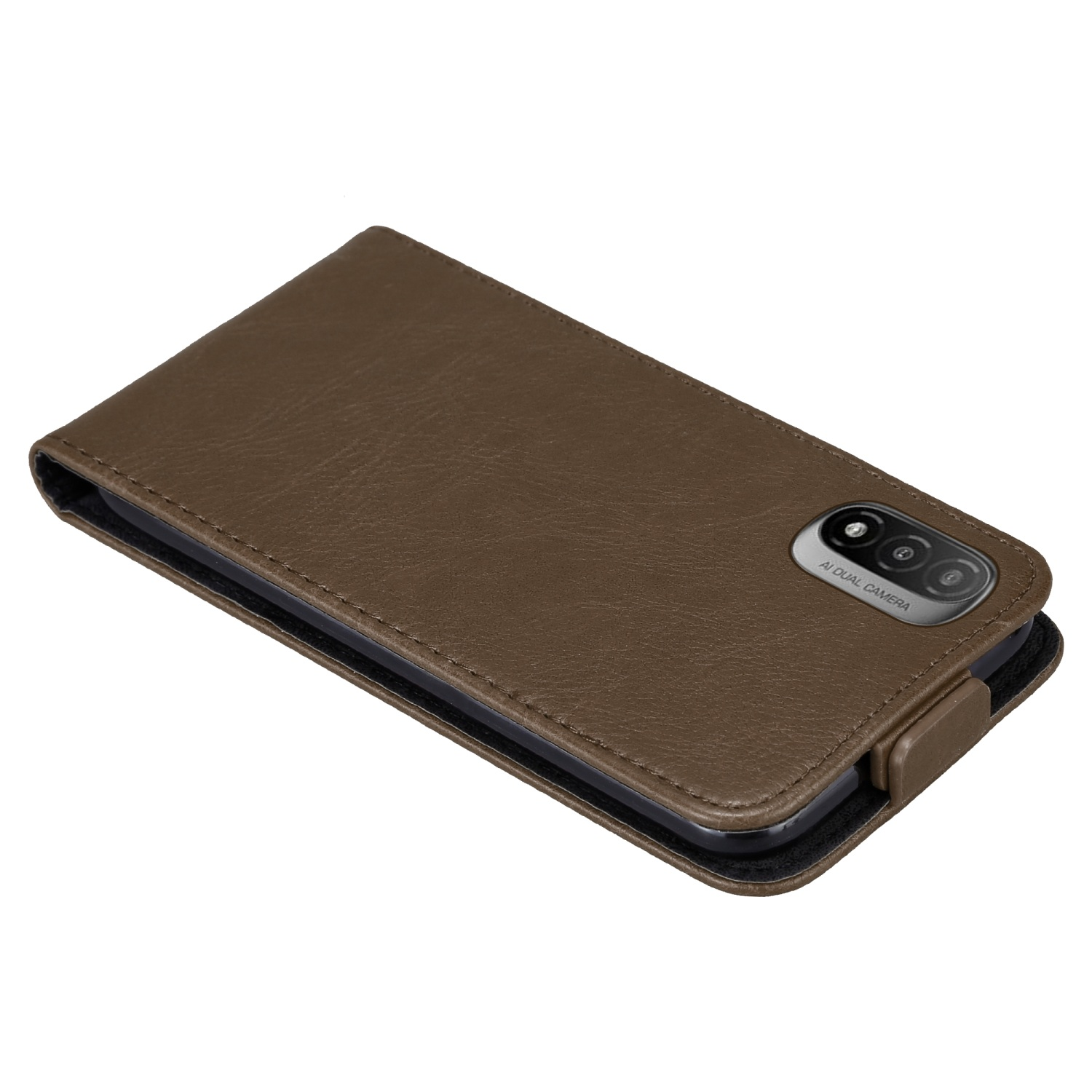 Eine braune Handyhülle, geschlossen, mit einem Telefon. Die Hülle hat eine Lederoptik und einen Kameraausschnitt.