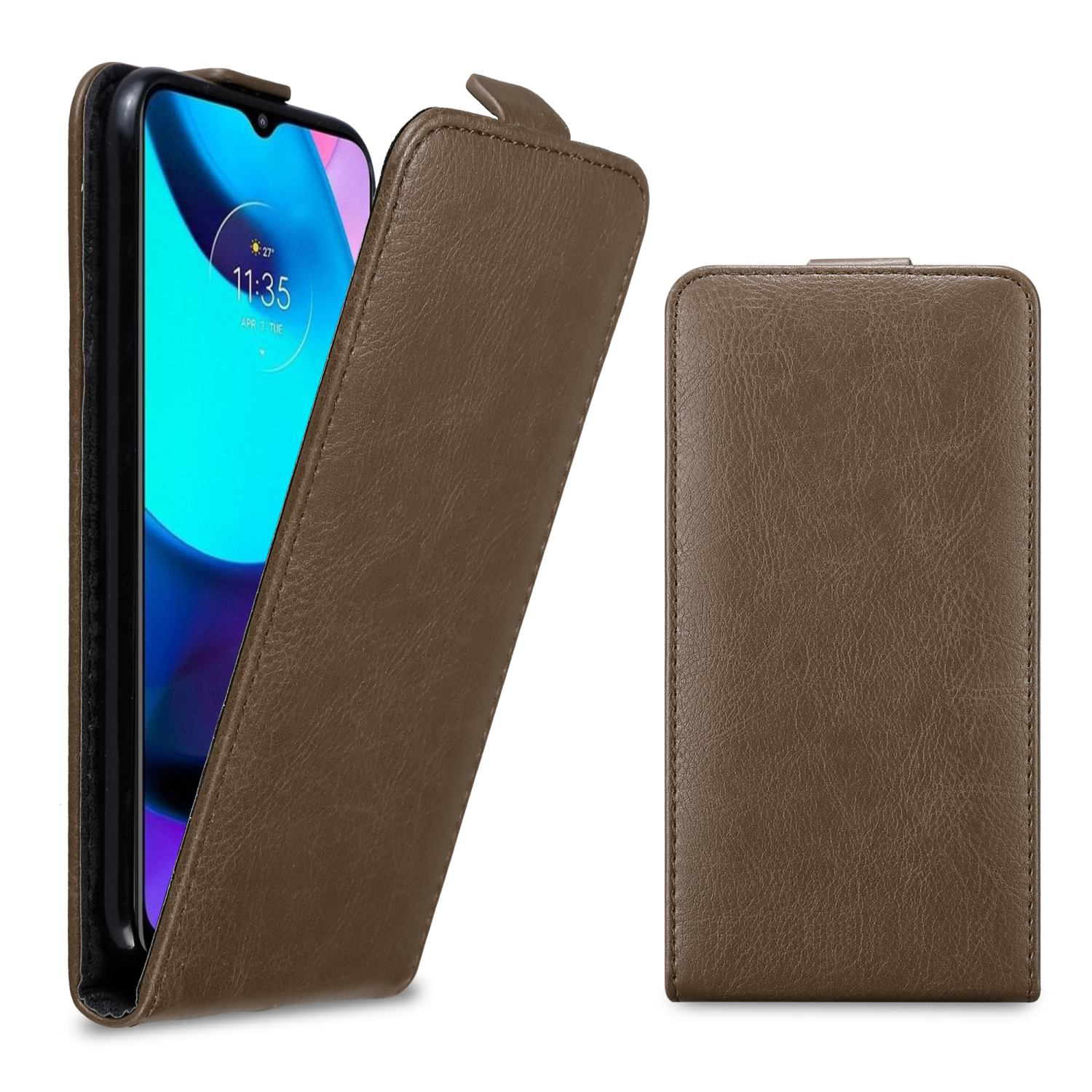 Braune Handyhülle mit dem Telefon im Inneren, die Hülle ist geöffnet.