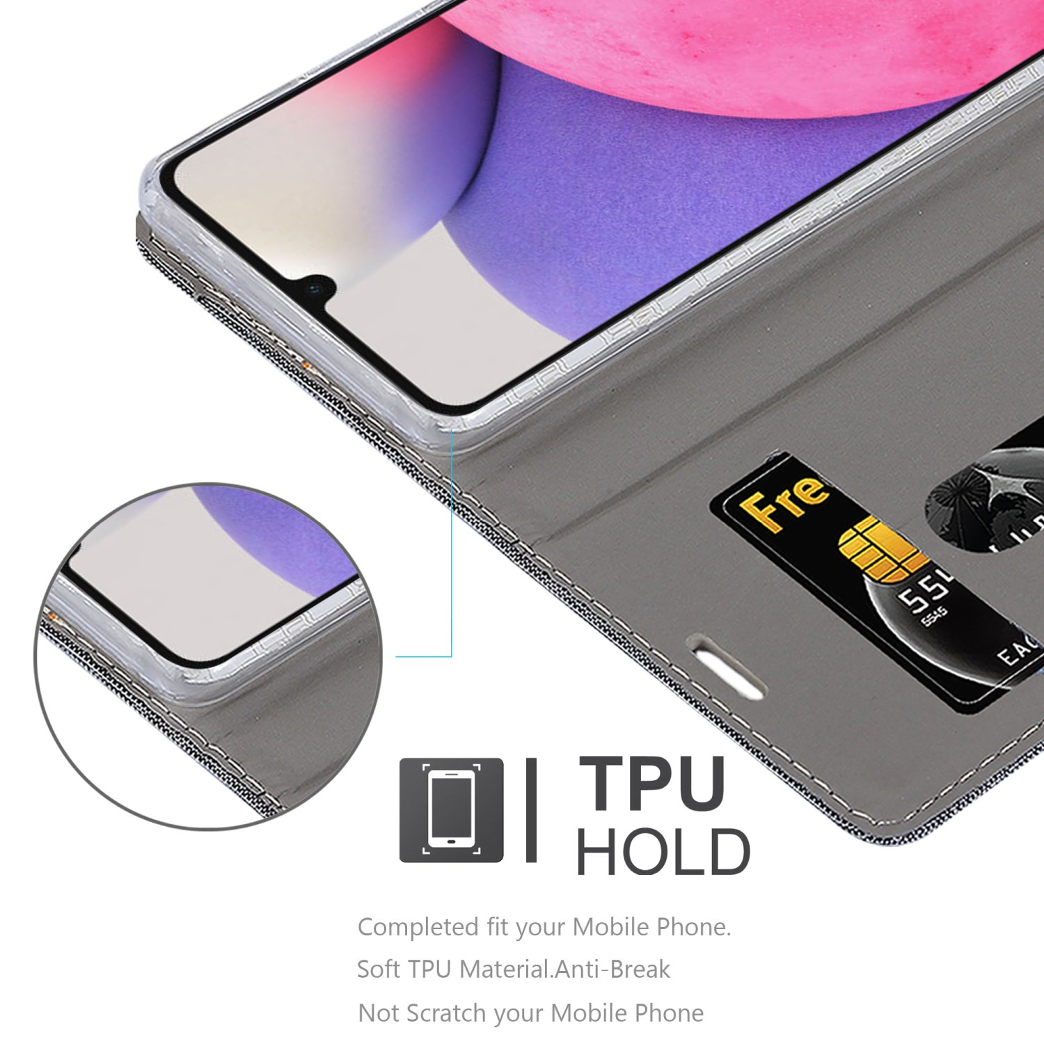 Graue Handyhülle mit Telefon, Kartenfach. Text: TPU-Halterung, bruchsicher, passt zum Telefon.