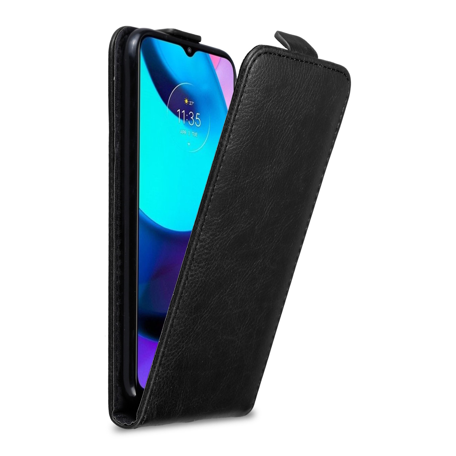 Custodia nera per telefono aperta con telefono, sfondo bianco.