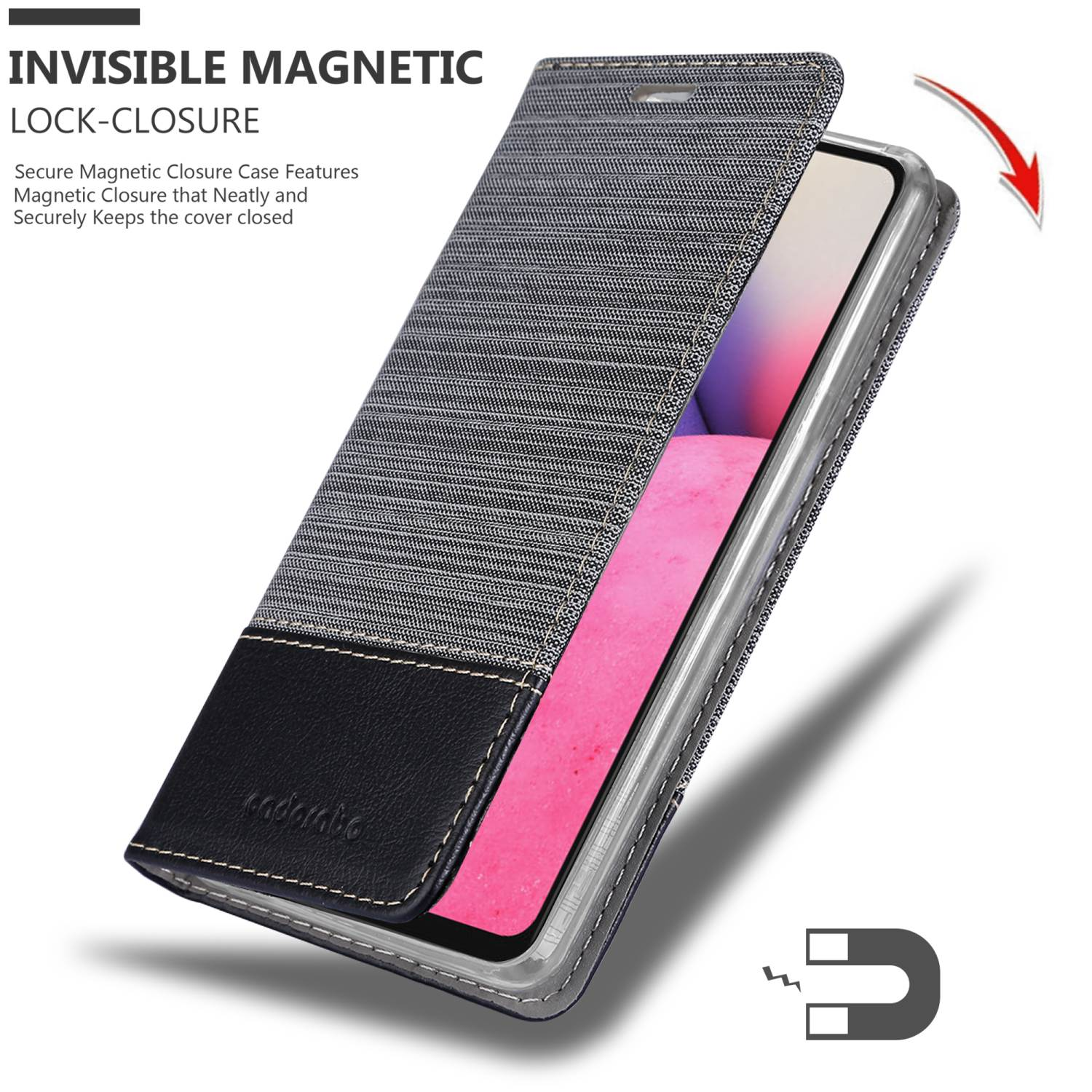 Schwarz-graue Handyhülle offen, ein Telefon zeigend. Magnetverschluss ist gezeigt.