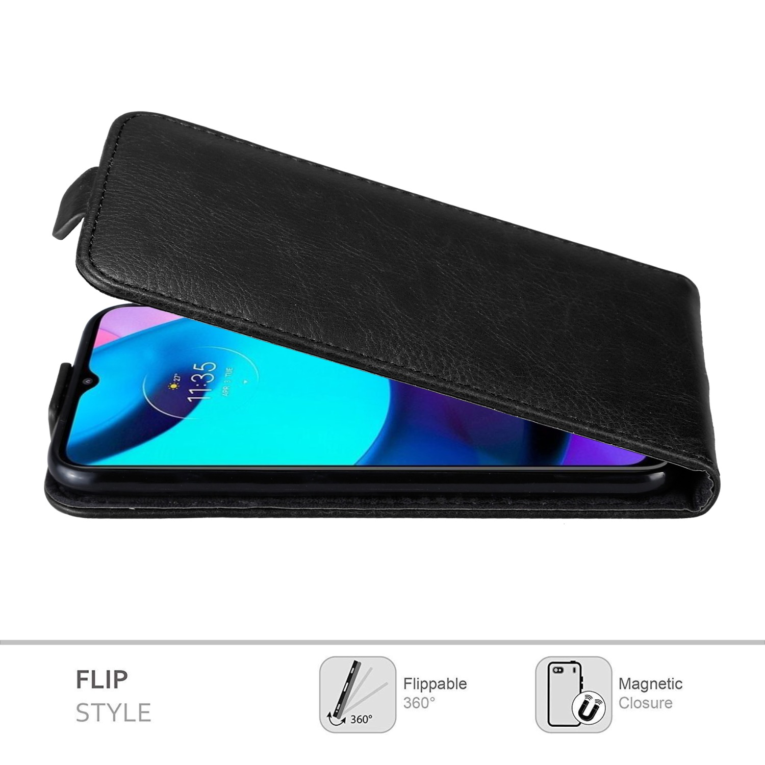 Custodia a libro nera aperta, che rivela un telefono. La custodia è chiusa con una chiusura magnetica.