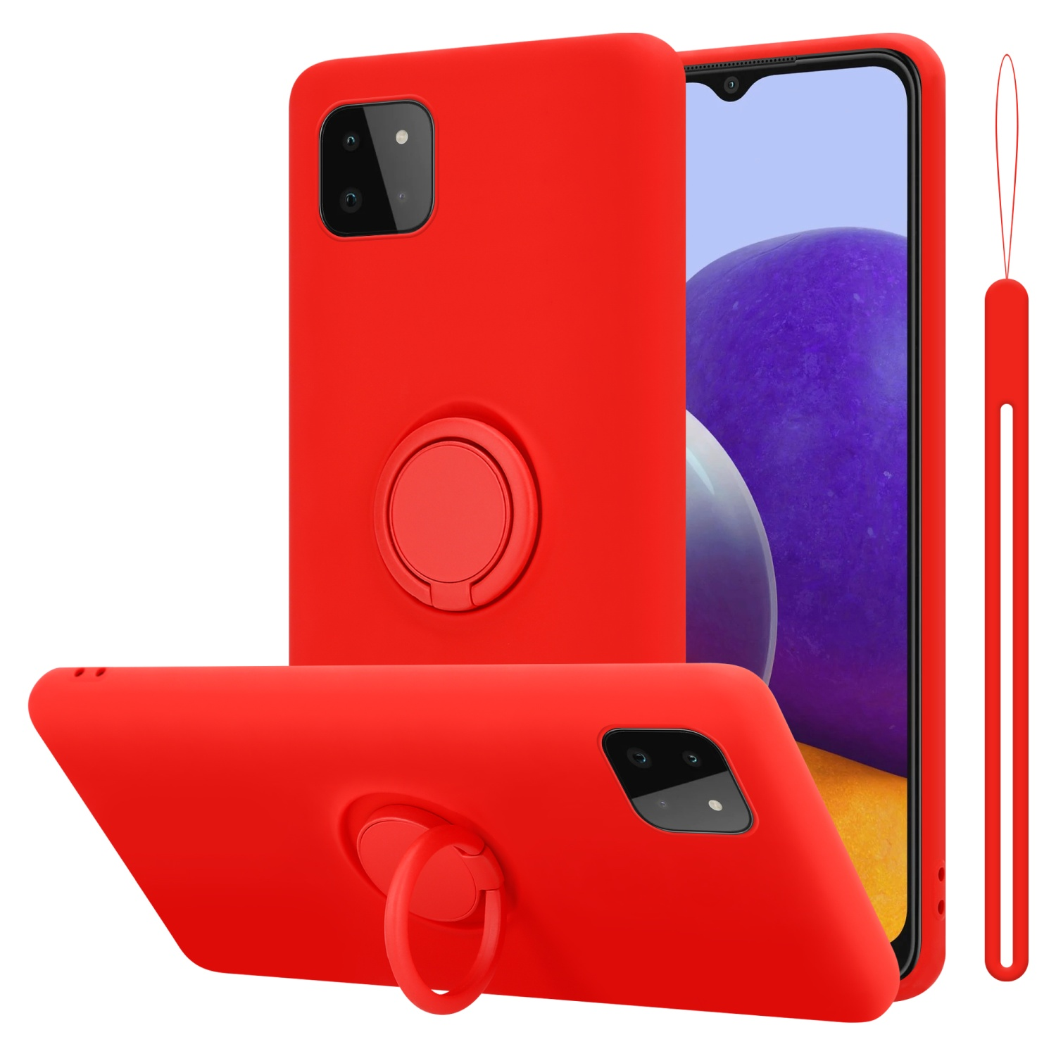 Custodia rossa con anello di supporto. La custodia ha un telefono. Sfondo bianco.