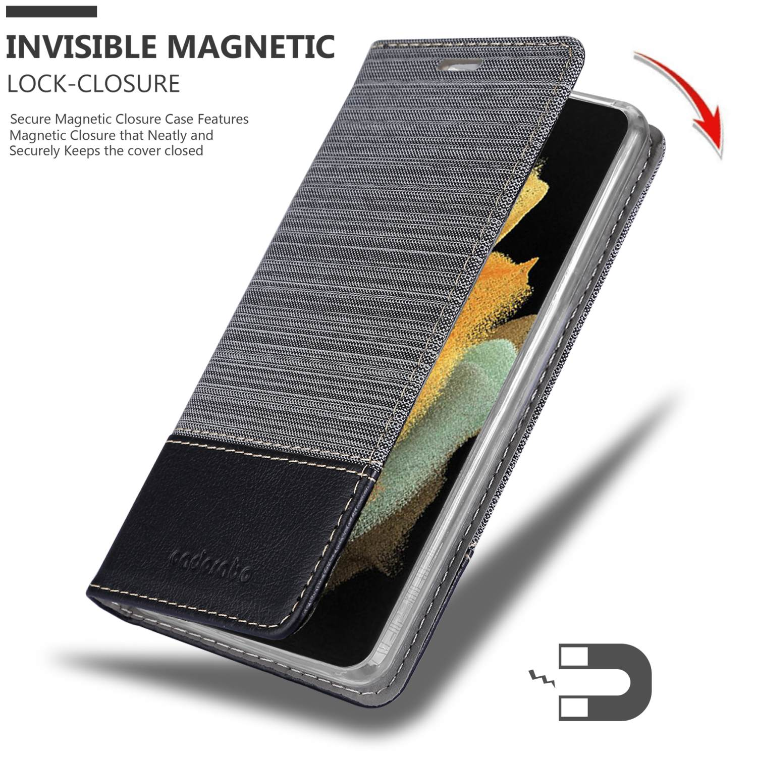 Custodia per telefono aperta, con un design grigio e nero. Un magnete è visibile nell'immagine.