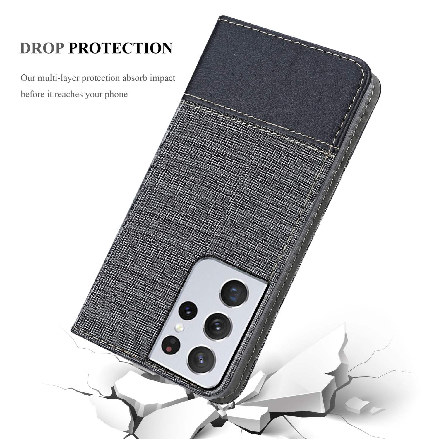 Custodia per telefono con un design in tessuto nero e grigio. Il telefono è nella custodia.