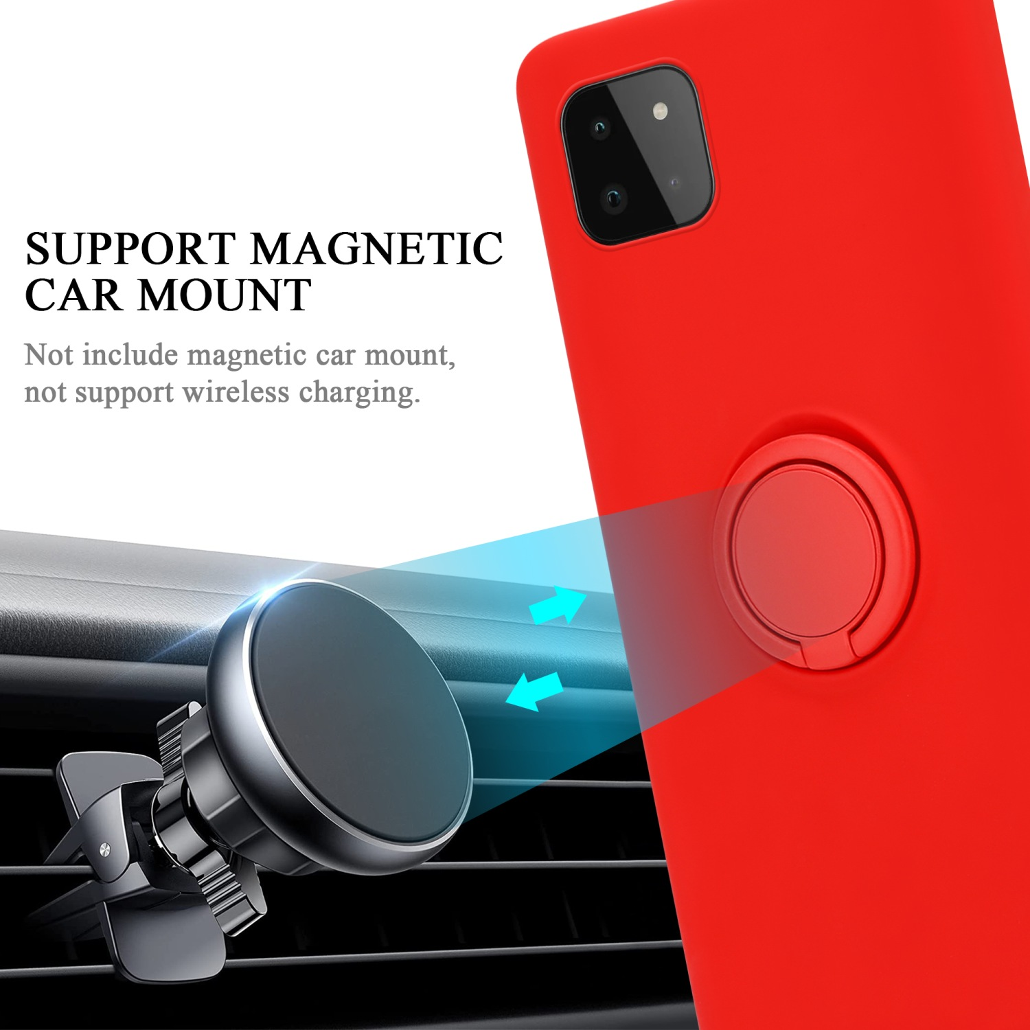 Custodia per telefono rossa con supporto magnetico per auto. Telefono e supporto sono mostrati. Supporto magnetico per auto.