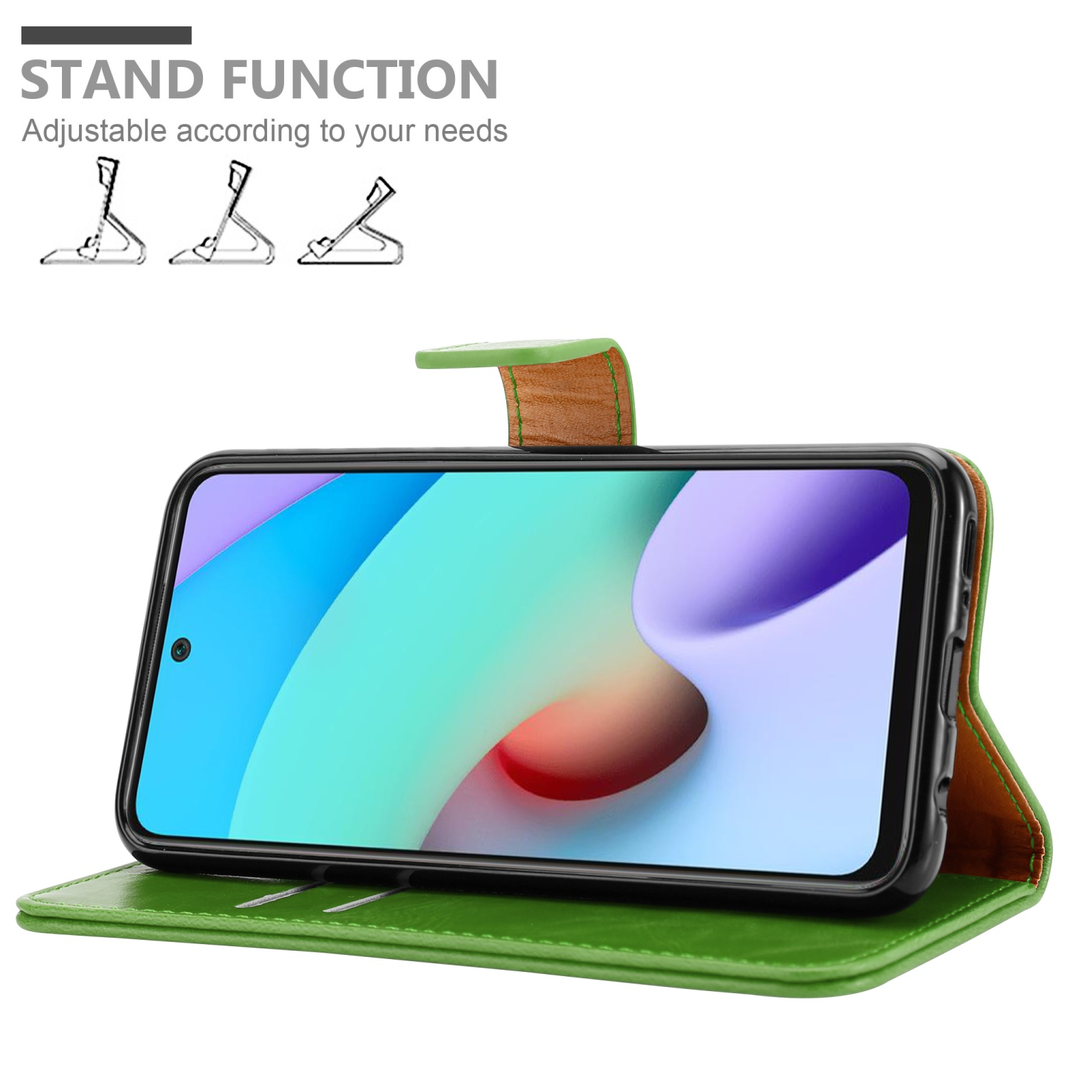 Custodia per telefono verde con telefono in funzione stand. Il telefono mostra un'immagine viola.