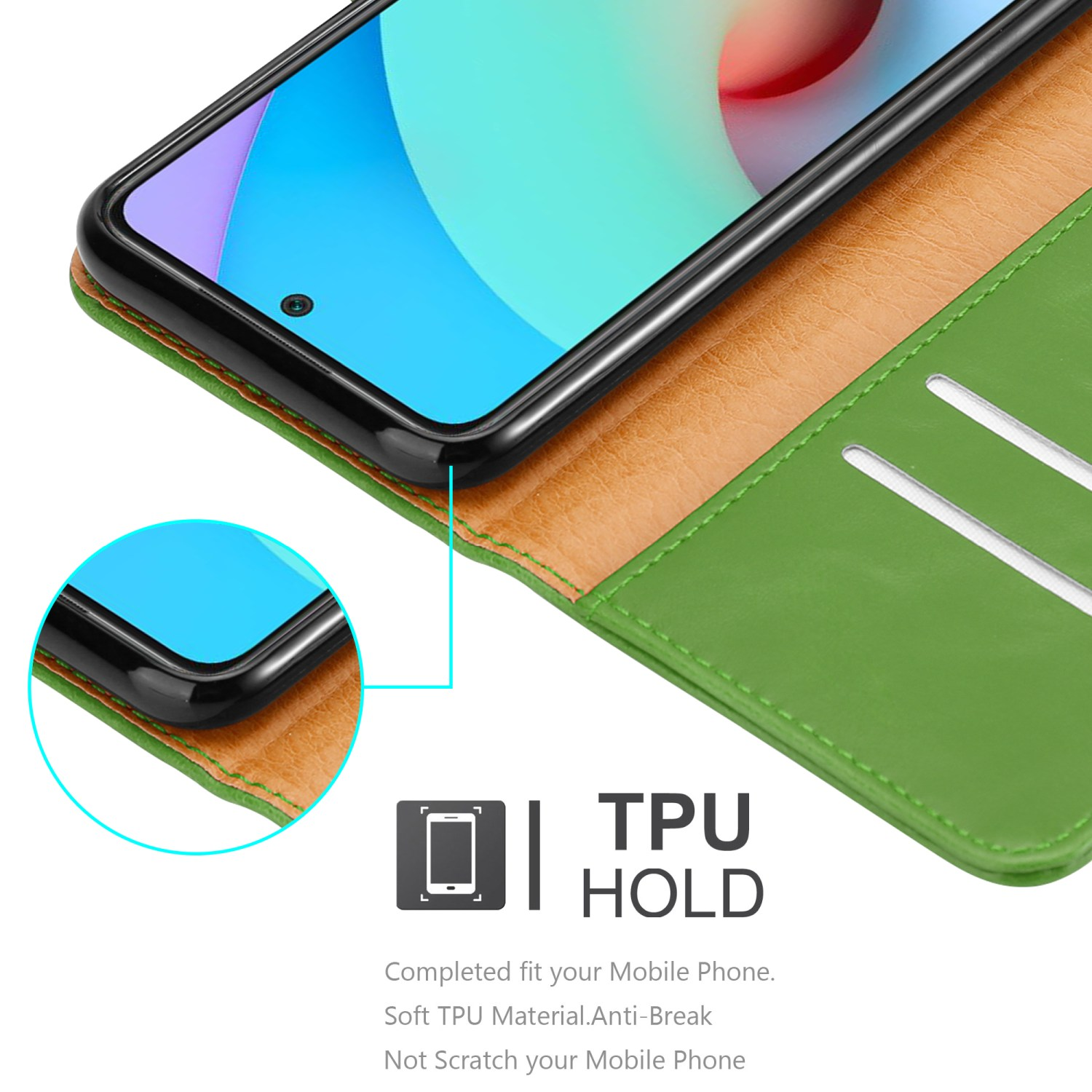 Custodia verde per telefono con un telefono all'interno. La custodia è aperta. L'etichetta TPU HOLD è visibile.
