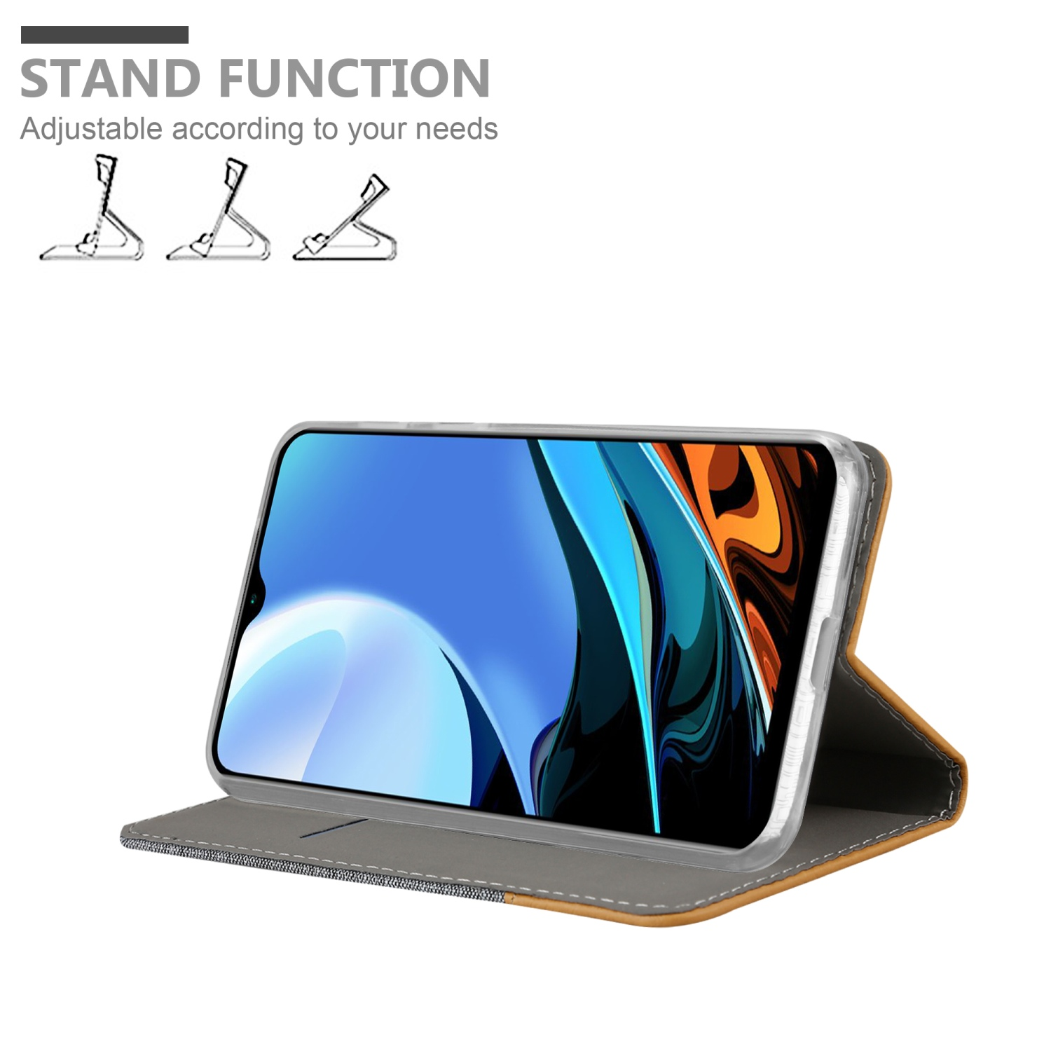 Custodia per telefono con un telefono dentro. Il telefono è in posizione eretta. Testo: Funzione stand.