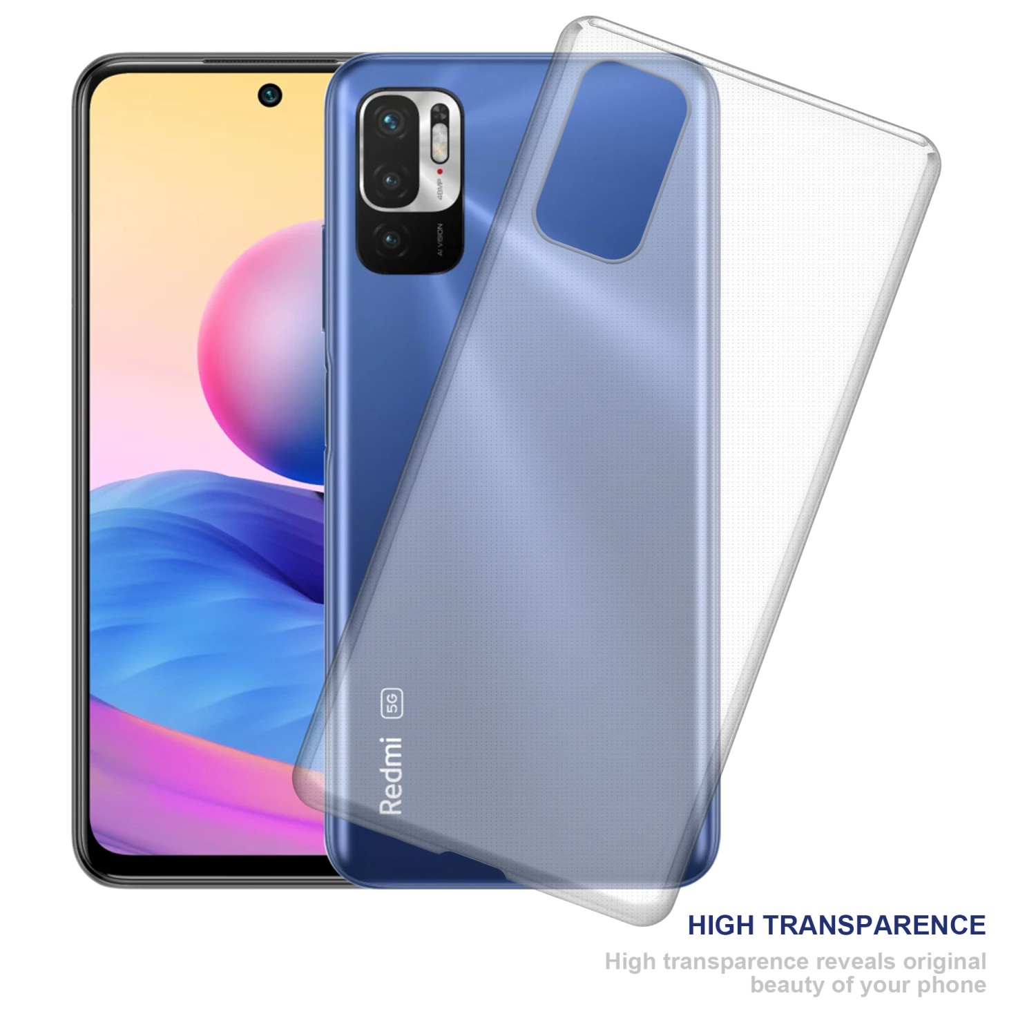 Blaues Telefon mit klarer Hülle darüber. Das Telefon zeigt das Redmi-Logo. Hohe Transparenz wird hervorgehoben.