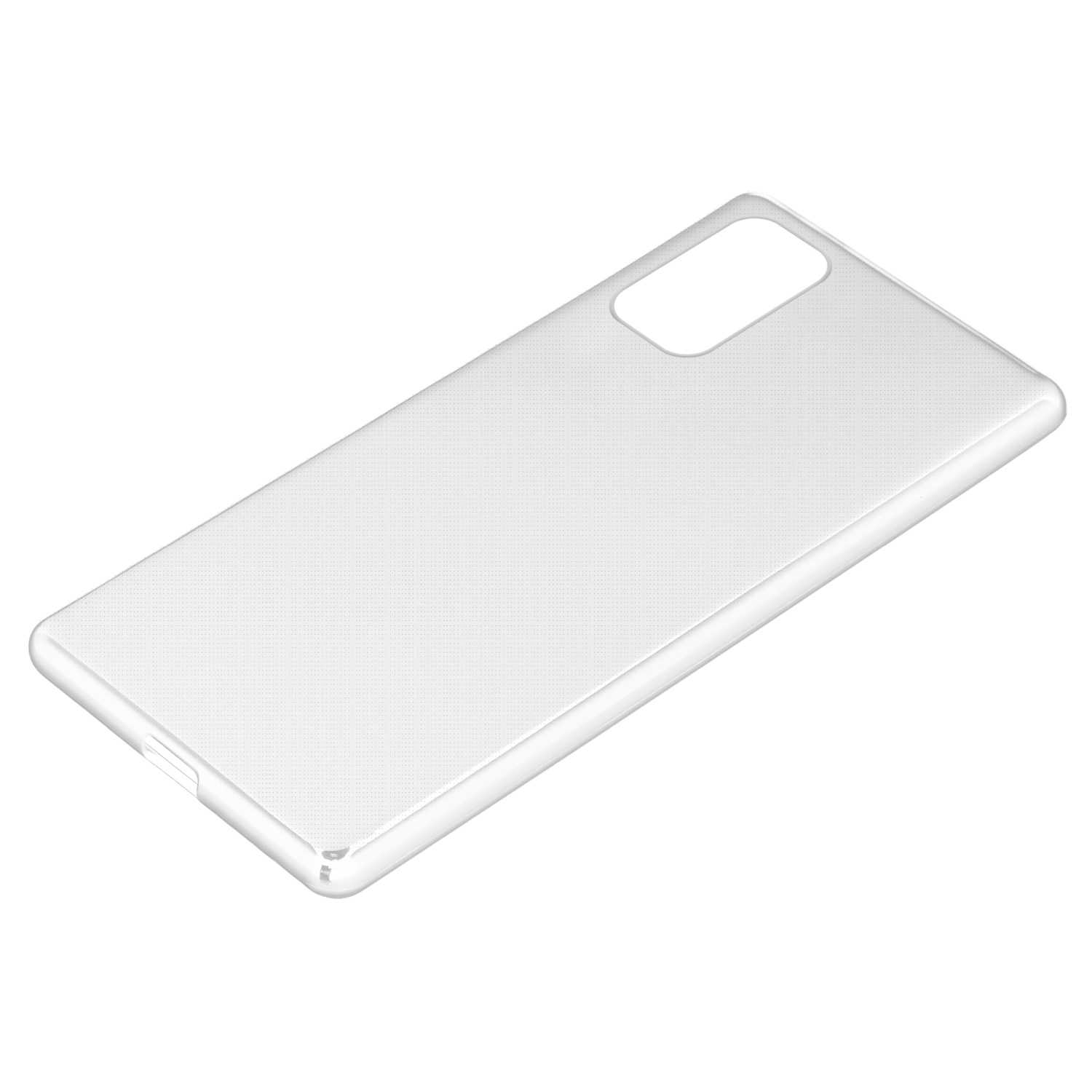 Transparente Handyhülle, leer, mit rechteckigem Kameraausschnitt.