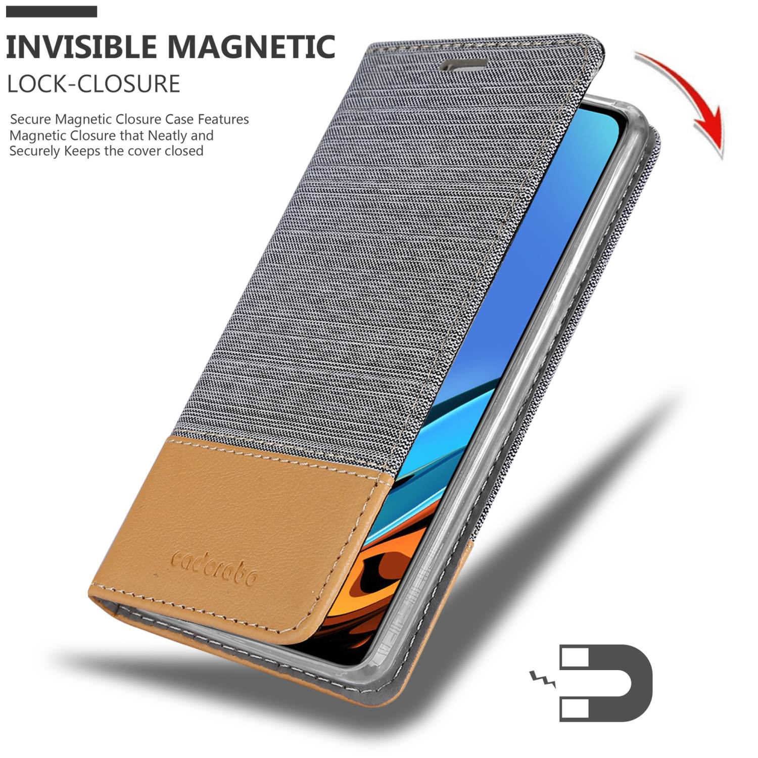 Una custodia per telefono, semichiusa, ha una parte superiore in tessuto grigio e una inferiore in pelle marrone. Viene mostrato anche un magnete.