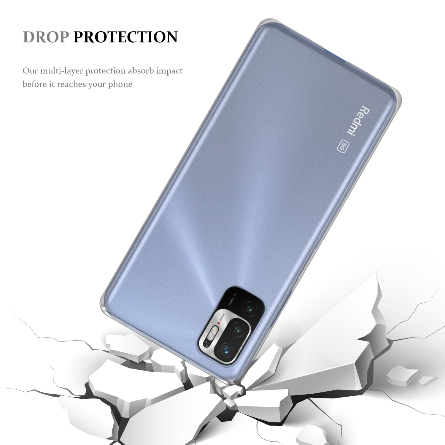 Handyhülle mit Telefon darin, abgewinkelt auf zerbrochenem Boden mit Text 'DROP PROTECTION'.