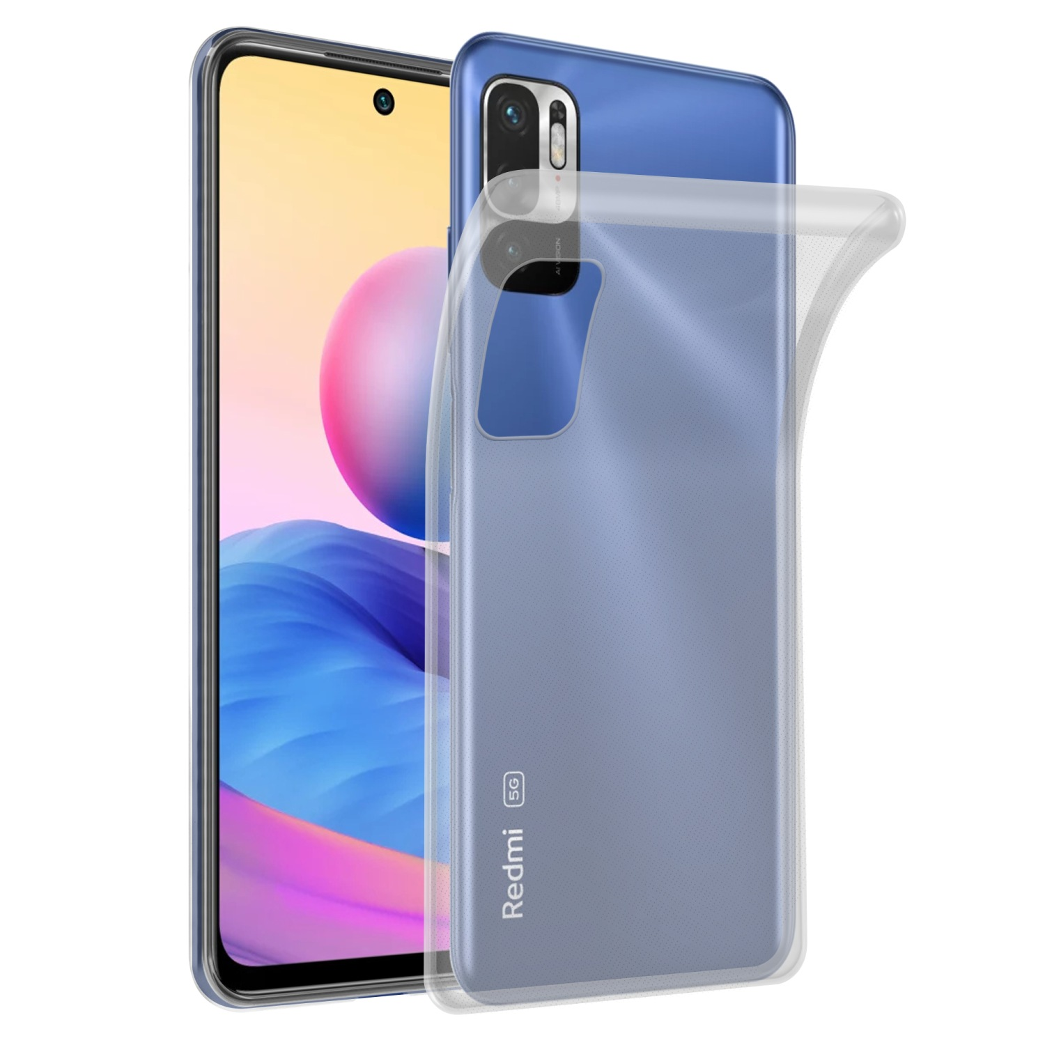 Transparente Handyhülle auf einem blauen Telefon. Das Telefon befindet sich vor der Hülle. Text lautet Redmi 5G.
