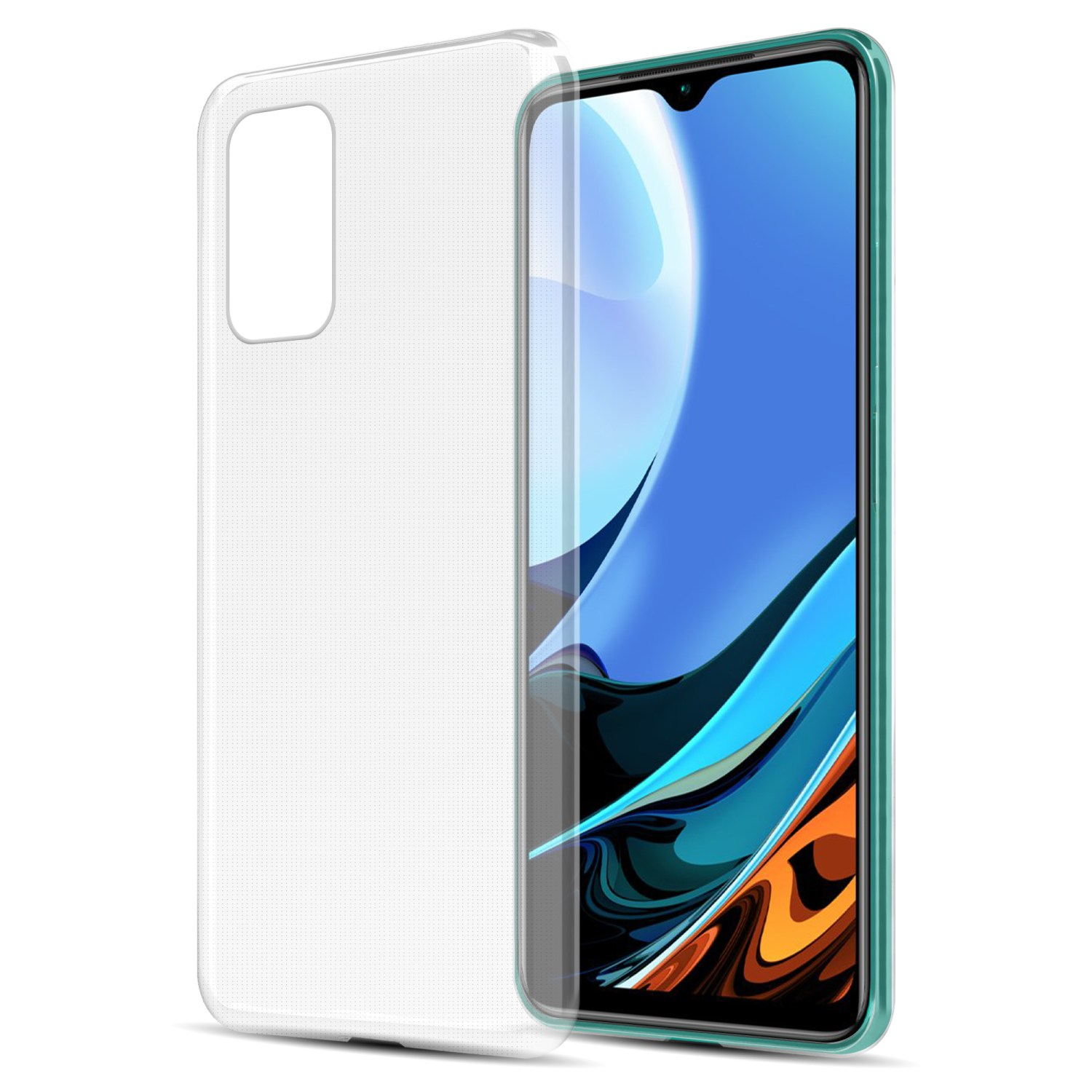 Una funda transparente para teléfono con un teléfono dentro. La pantalla del teléfono muestra una imagen.
