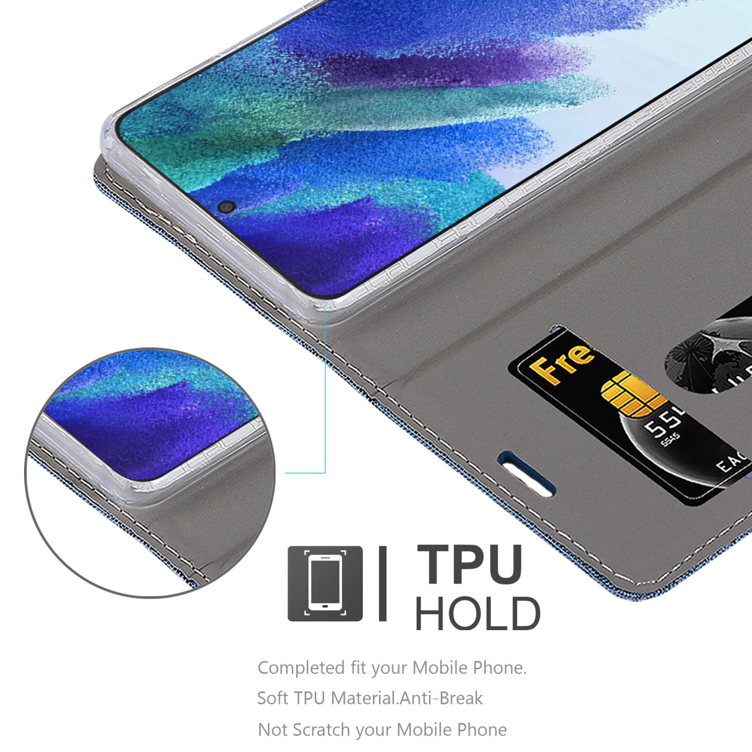 Telefono in custodia grigia e denim, con slot per schede. Testo: Supporto TPU. Vestibilità completa, anti-rottura, non graffia.