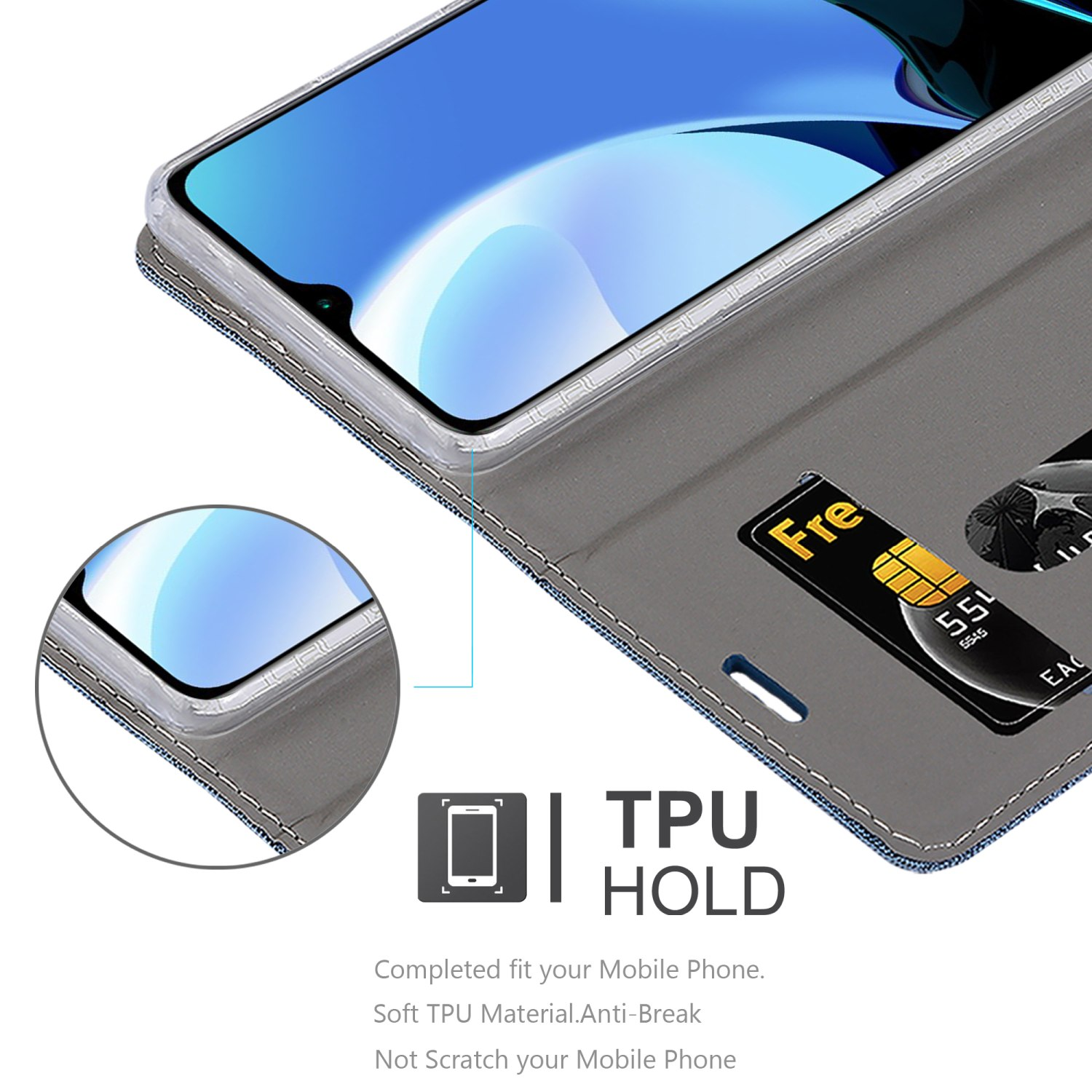Custodia per telefono con fessura per carte. Il telefono è nella custodia. La custodia ha un design in denim grigio e blu.