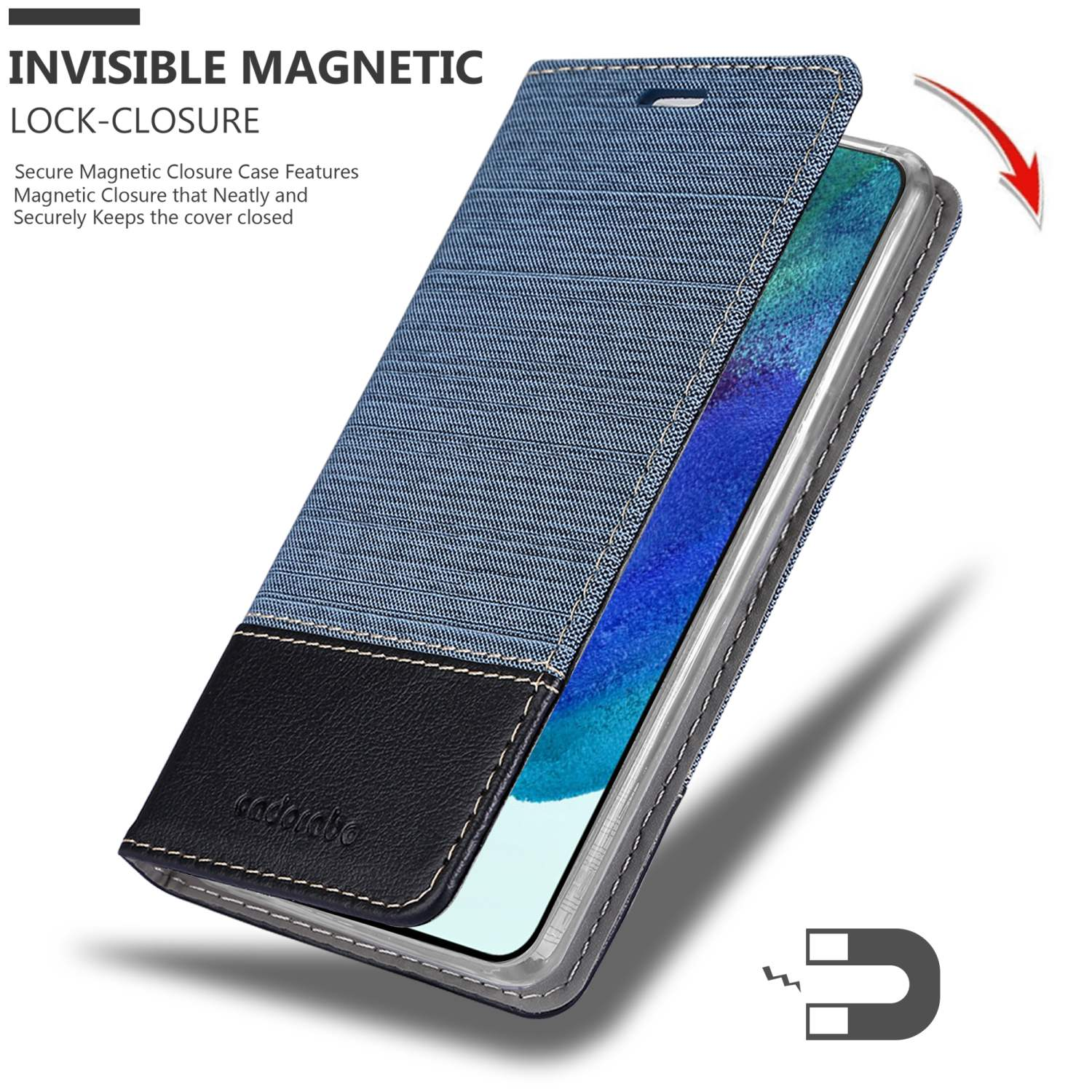 Custodia per telefono in denim aperta, con telefono all'interno. Chiusura magnetica con simbolo.