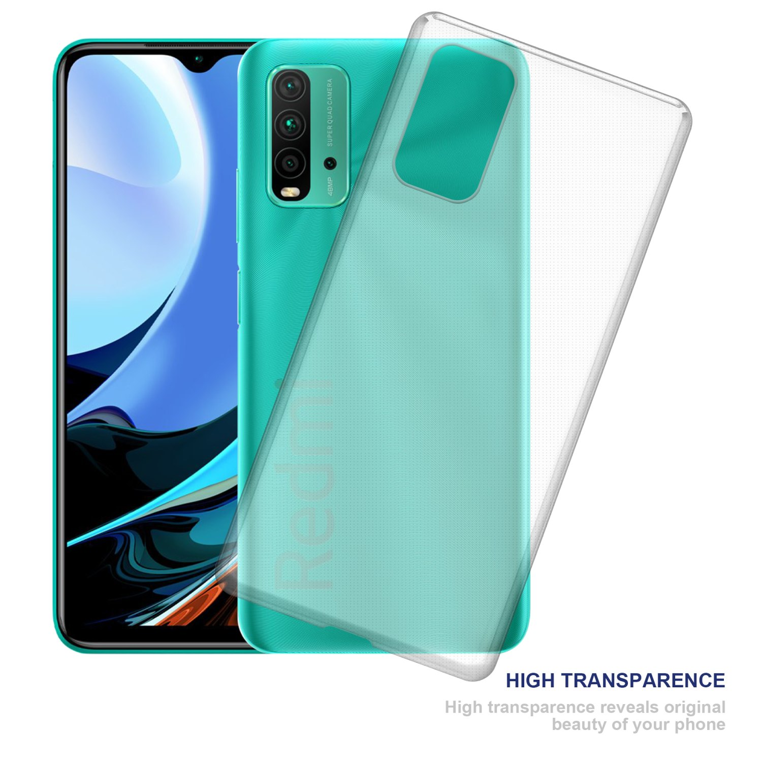 Teléfono verde con funda protectora. Funda transparente en el teléfono. Texto: Alta transparencia.