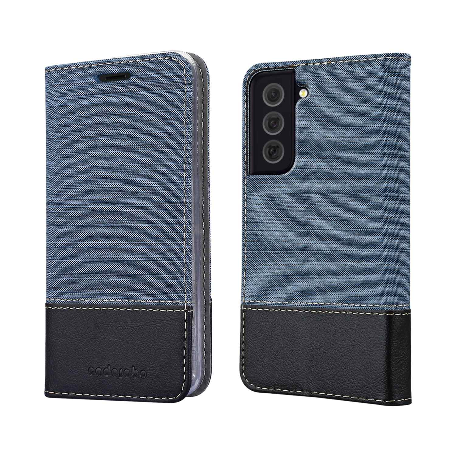 Custodia per telefono in denim blu con dettagli in pelle nera, che mostra entrambi i lati.
