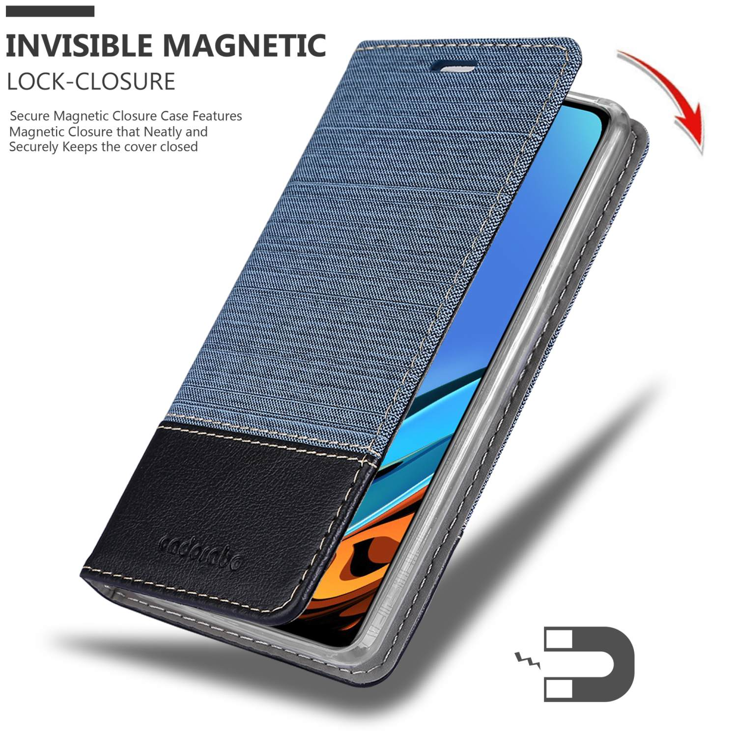 Custodia per telefono in denim blu con un telefono. È presente la chiusura magnetica. Viene mostrato anche un simbolo del magnete.