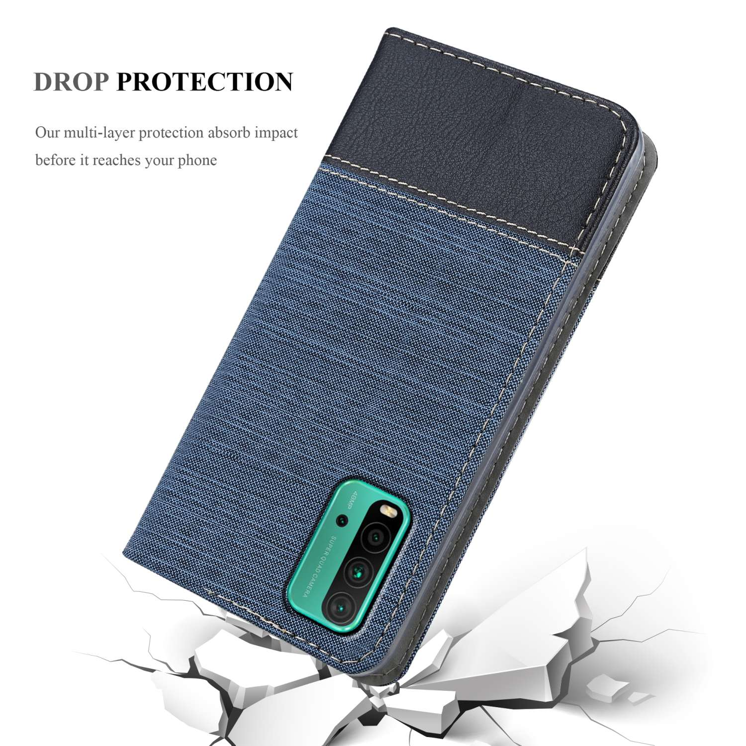 Custodia blu e jeans per telefono su superficie bianca, con messaggio di protezione. La custodia è aperta.