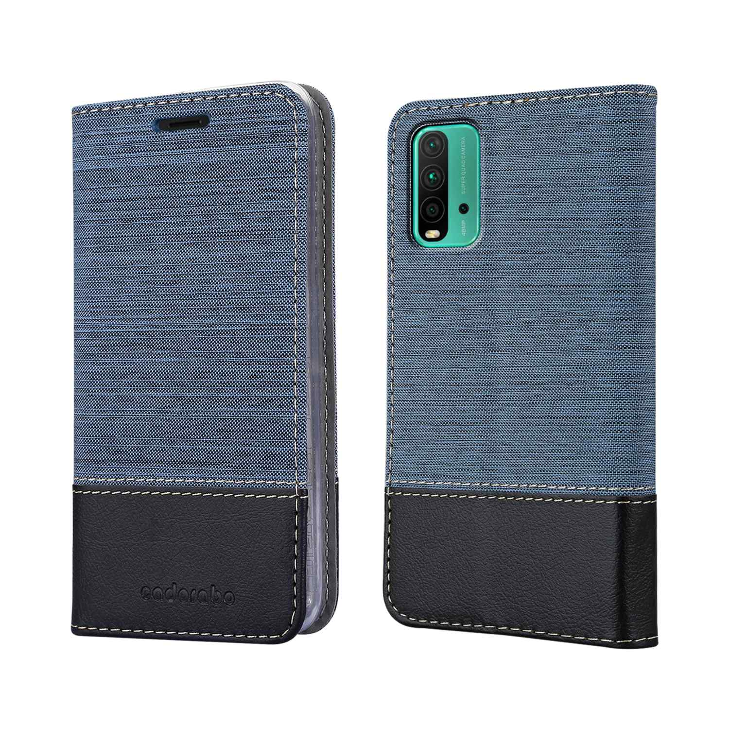 Custodia per telefono, anteriore e posteriore, con design in tessuto, finiture in pelle. Testo: Esecuzione squisita.