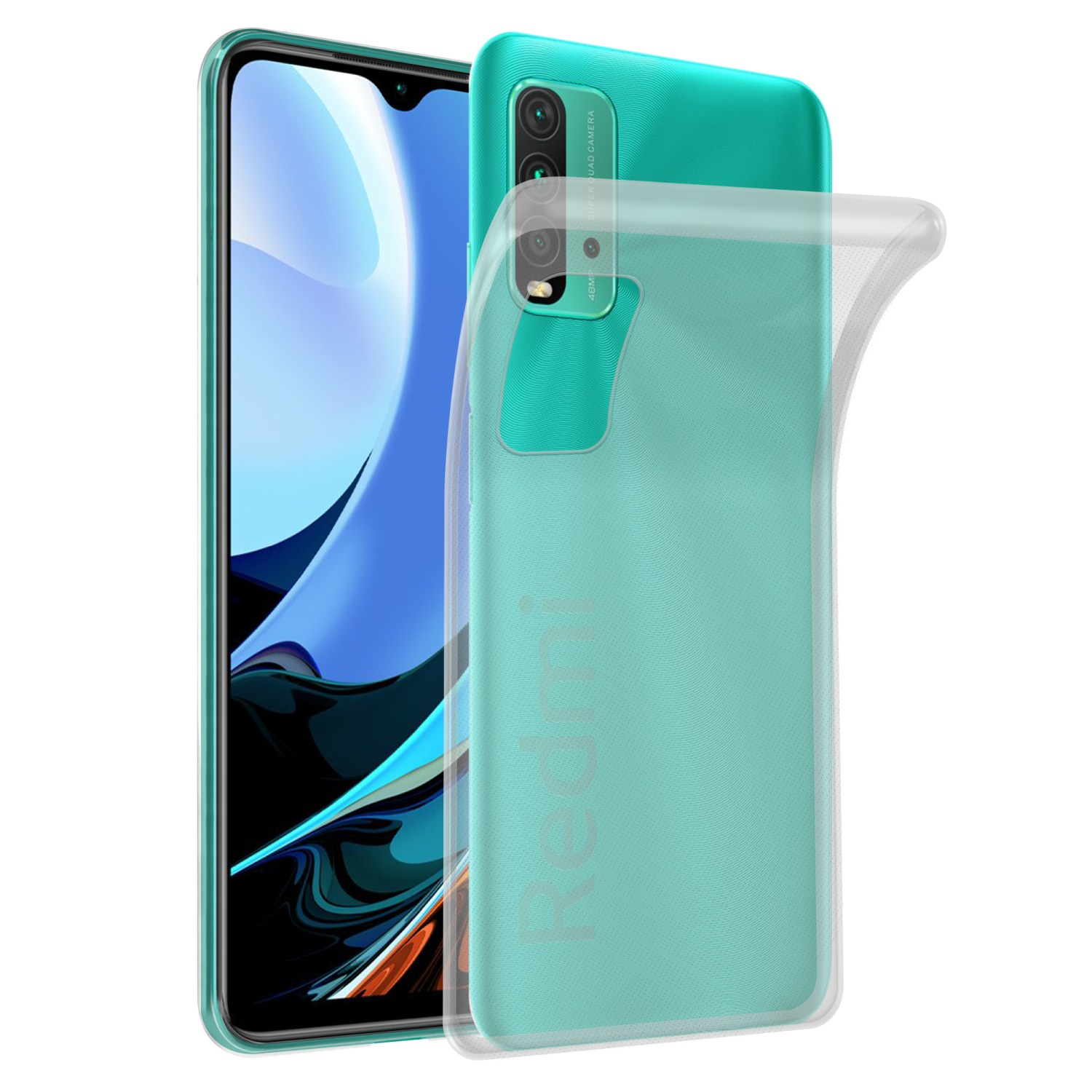Teléfono verde con funda transparente aplicada, mostrando la parte trasera.