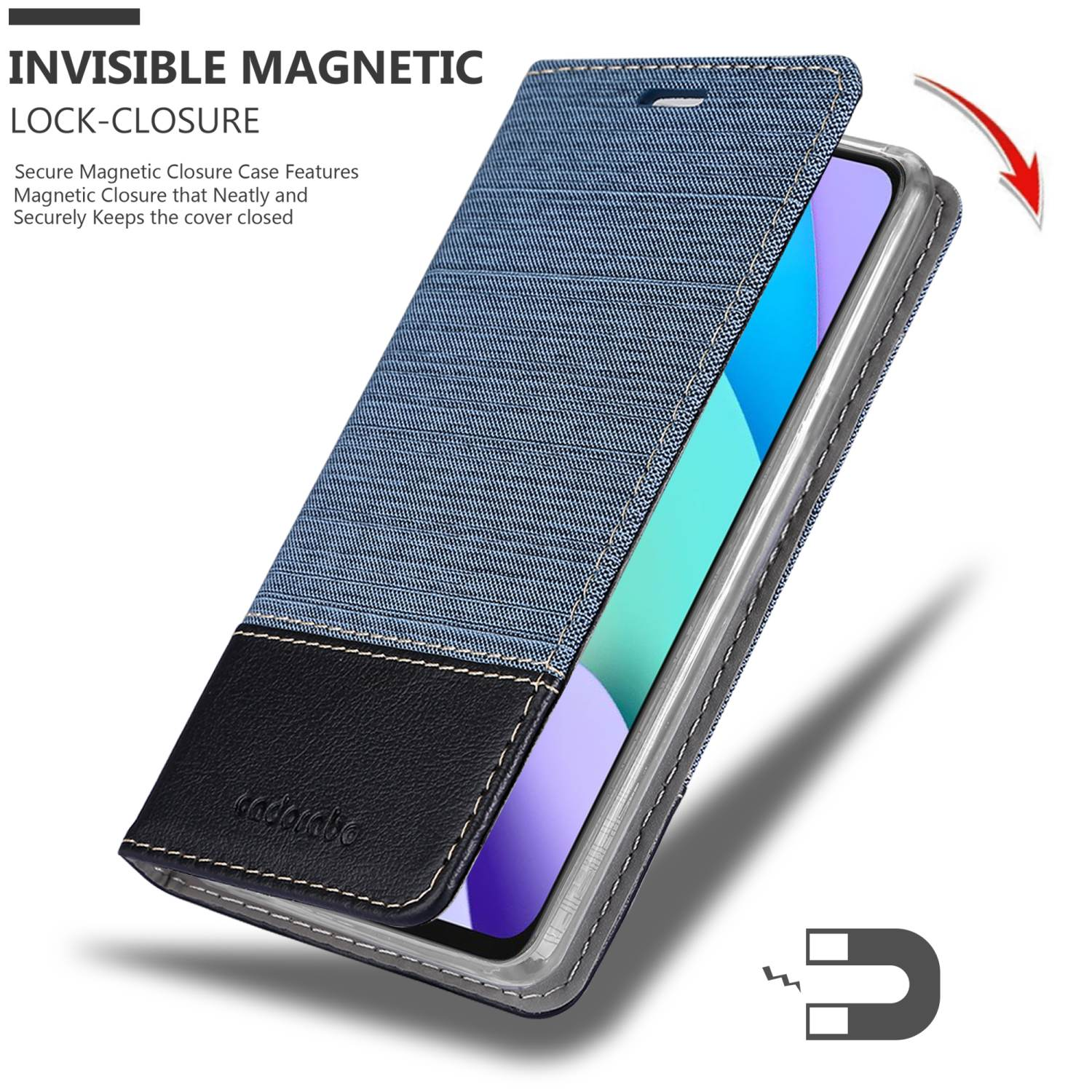 Custodia per telefono in denim aperta, con un telefono all'interno. Chiusura magnetica mostrata con un magnete.