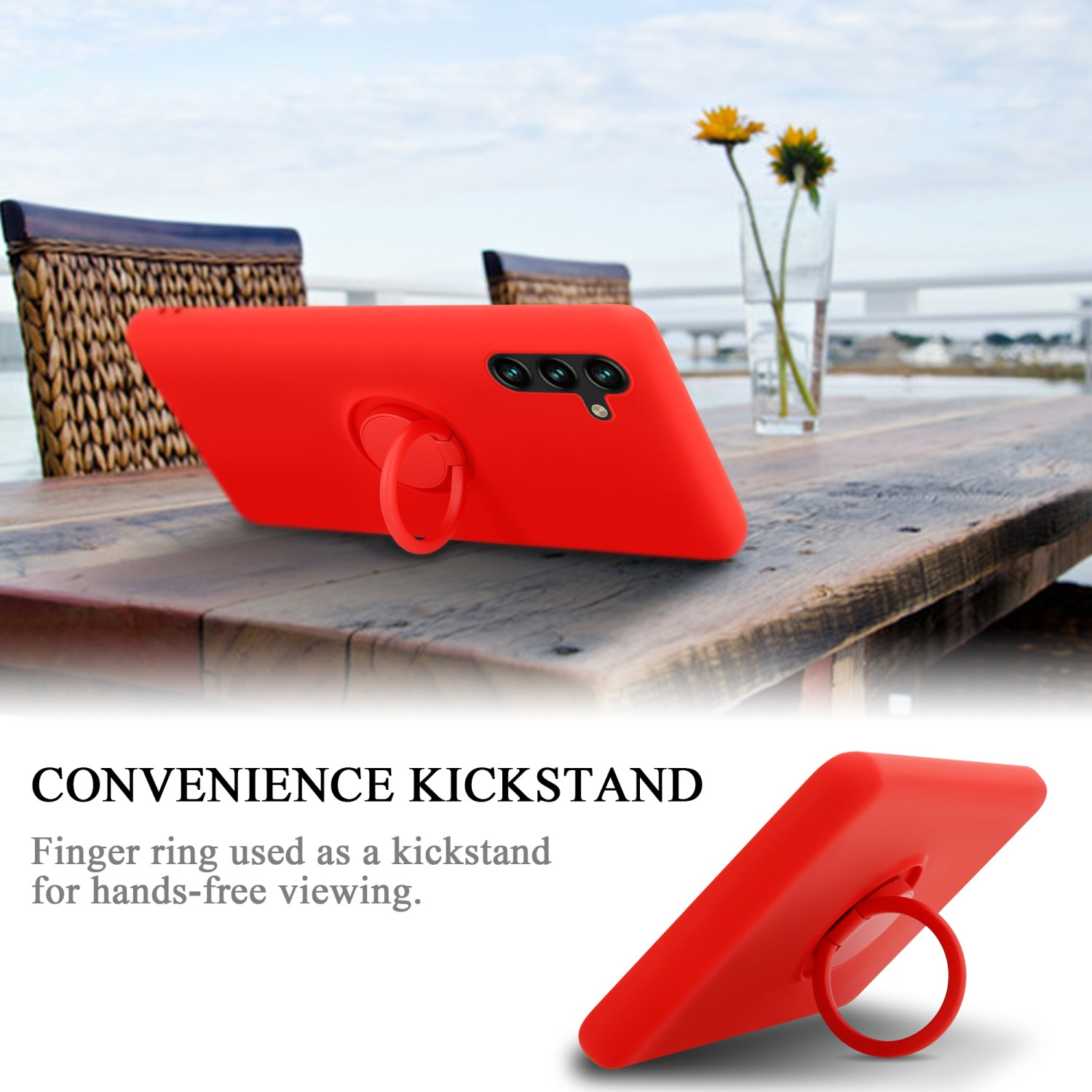 Custodia per telefono rossa con anello di supporto, appoggiata su un tavolo di legno, e una versione più piccola.