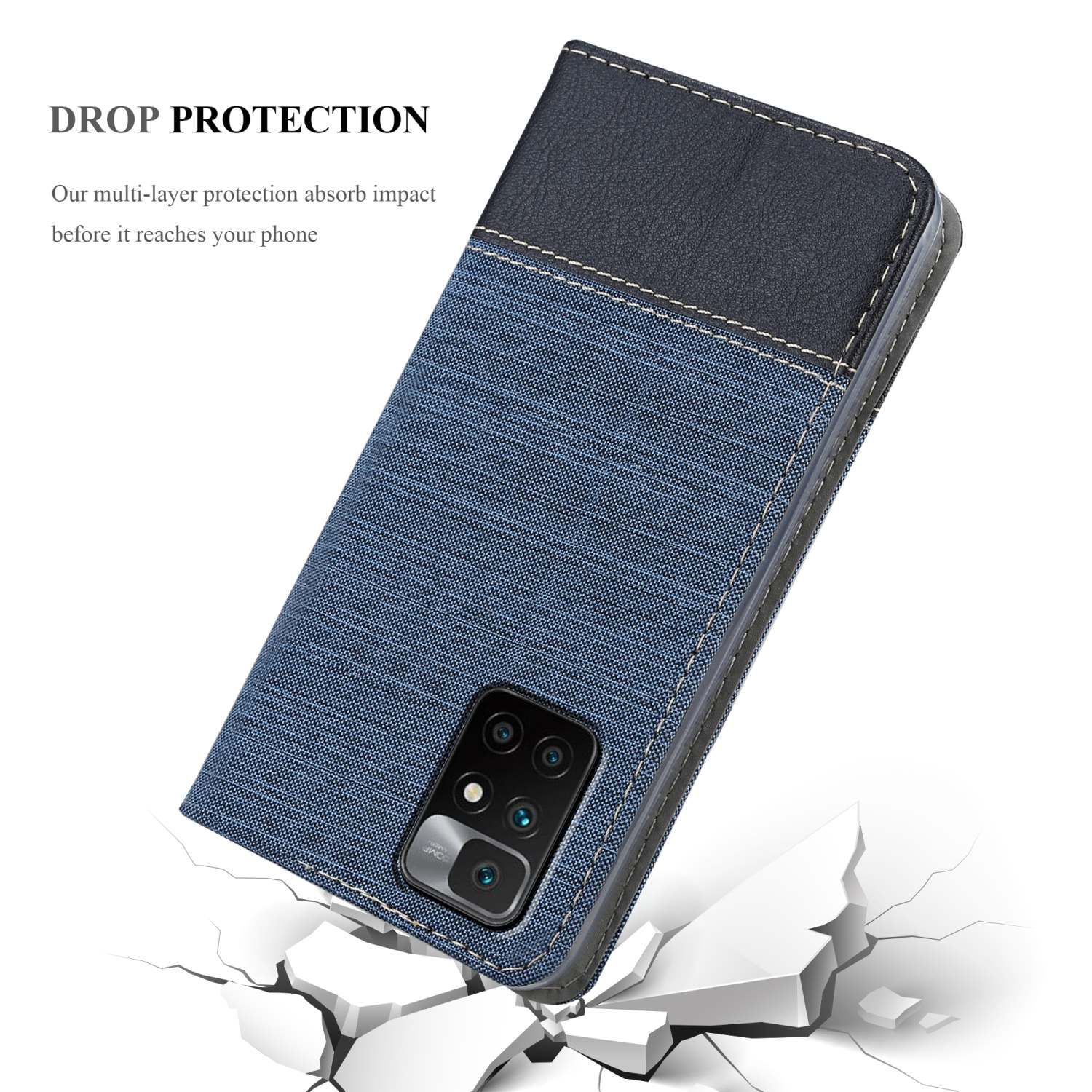 Custodia blu e denim con telefono, su superficie rotta.