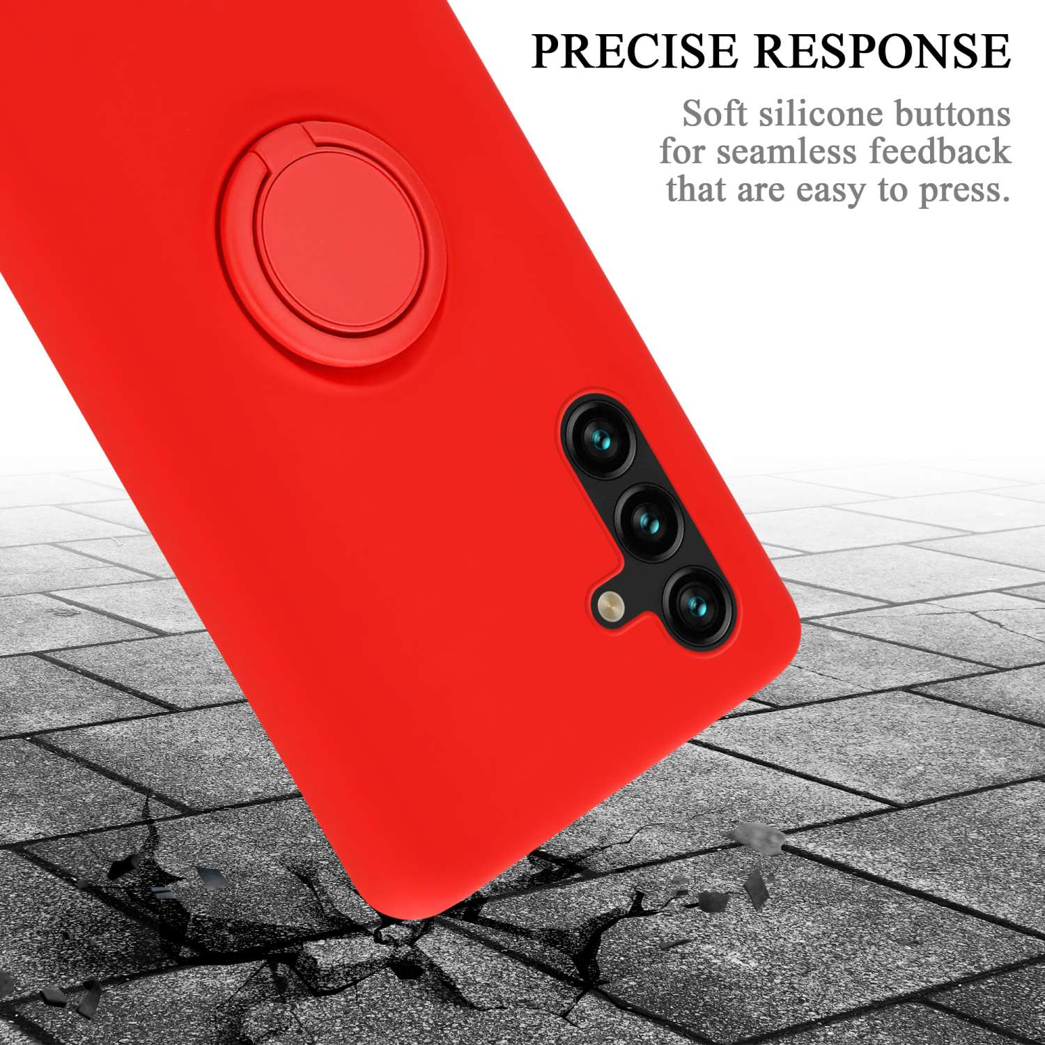Custodia per telefono rossa con un porta anelli. La custodia è su una superficie di cemento grigio. Lo sfondo è bianco.