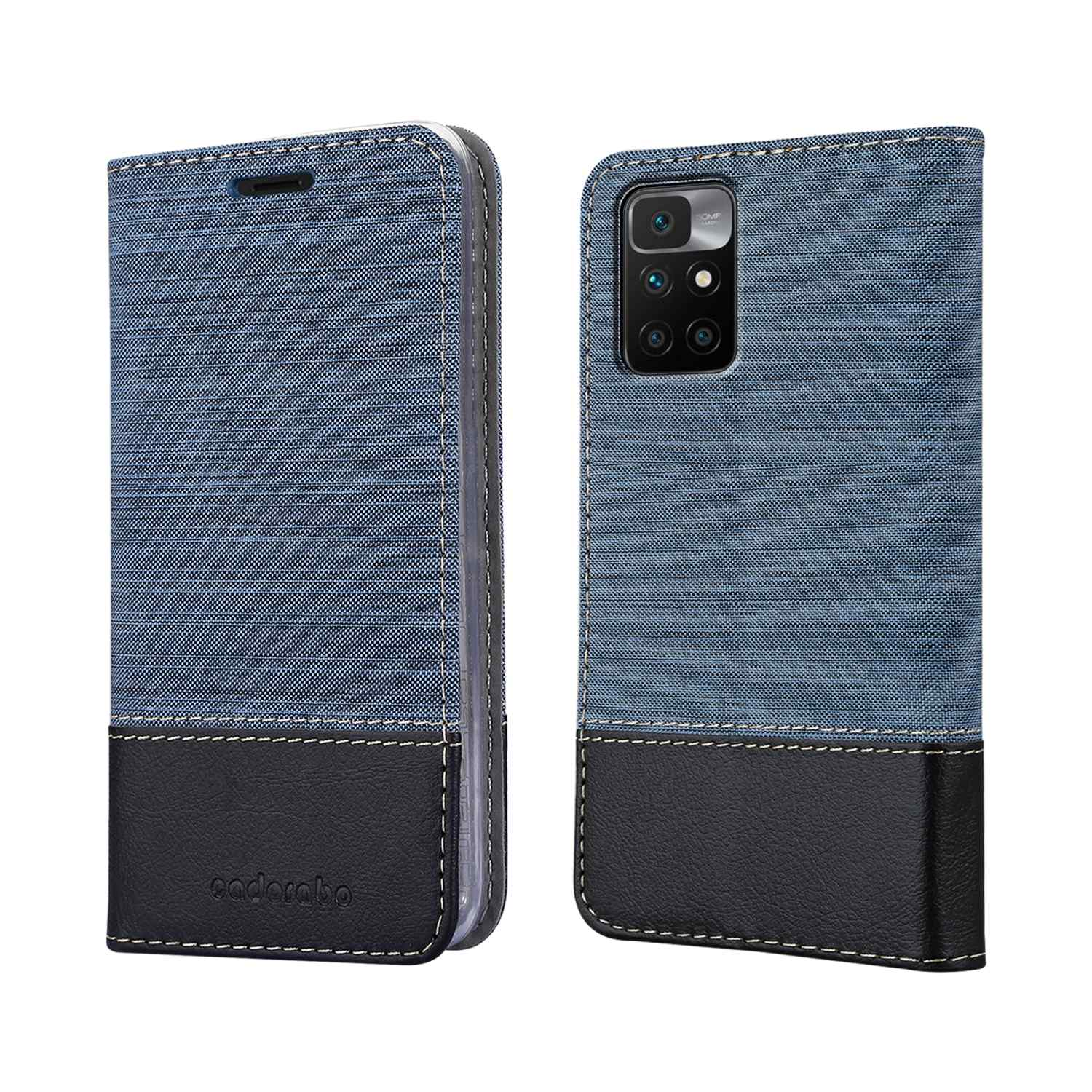 Custodia per telefono blu e nera, aperta, che mostra il telefono. La custodia ha una trama simile al denim.