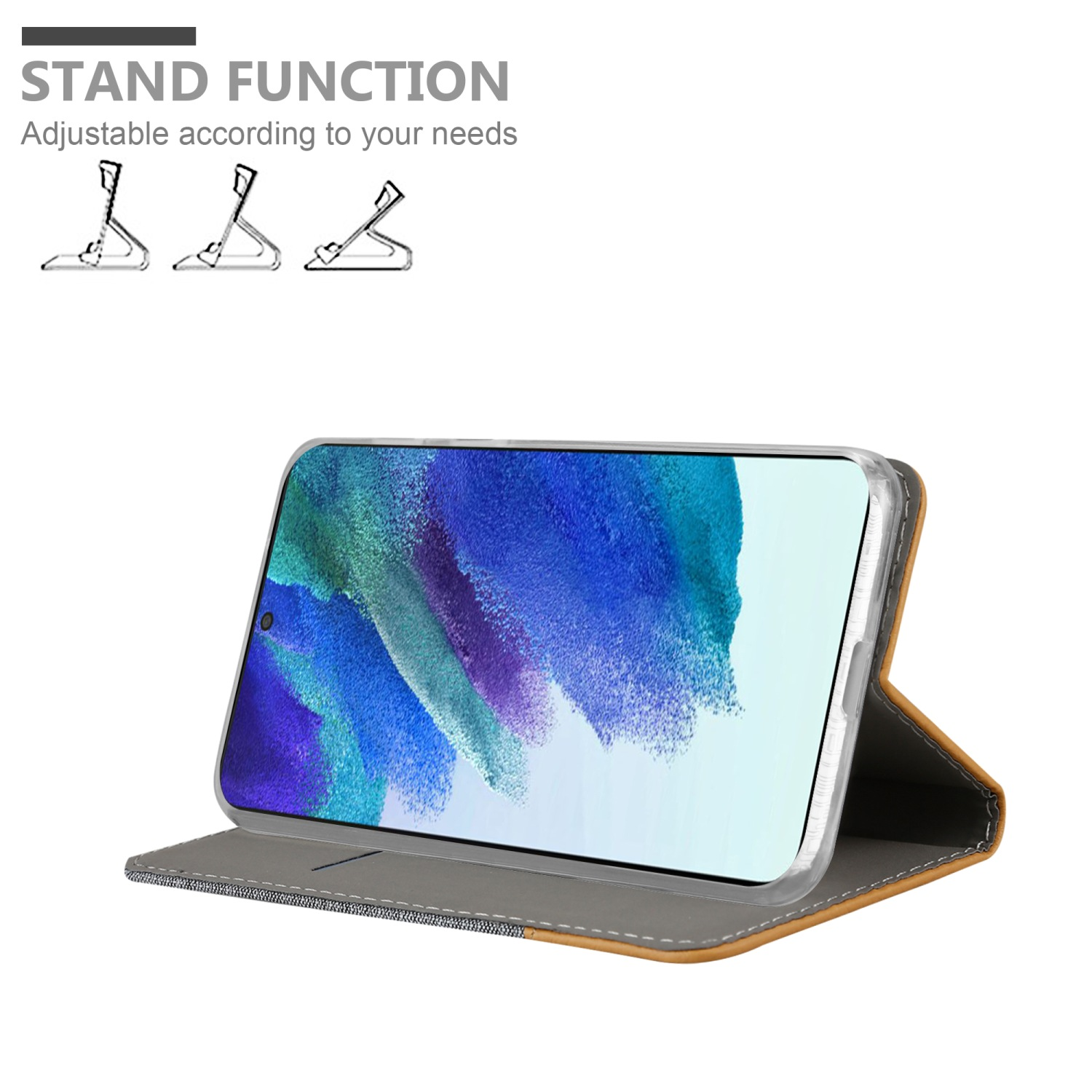 Handyhülle mit Telefon, das den Bildschirm zeigt. Standfunktion und Handyhüllendetail. Braun und Hellbraun.
