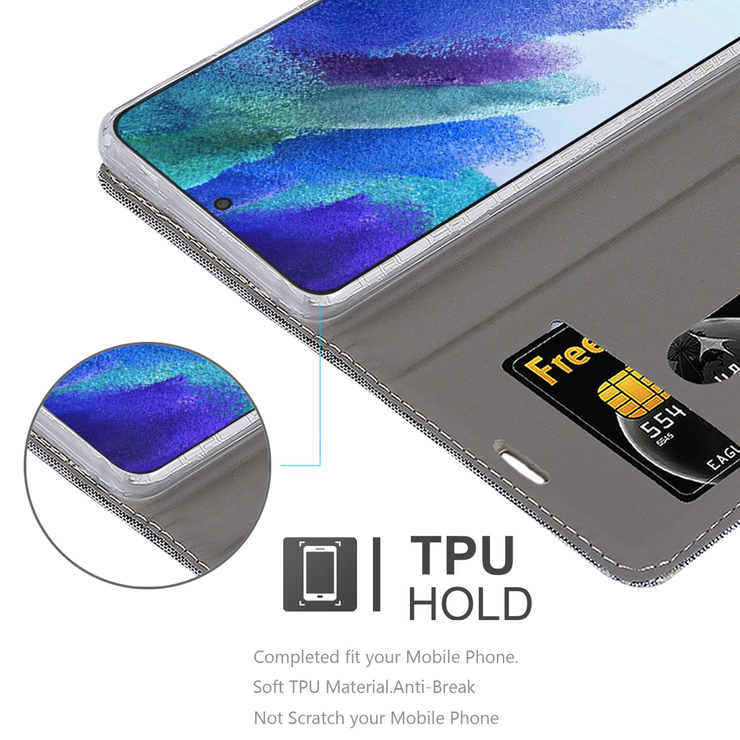 Graue Handyhülle offen, zeigt Telefon, Kartenfächer und eine Karte mit goldenen Details.