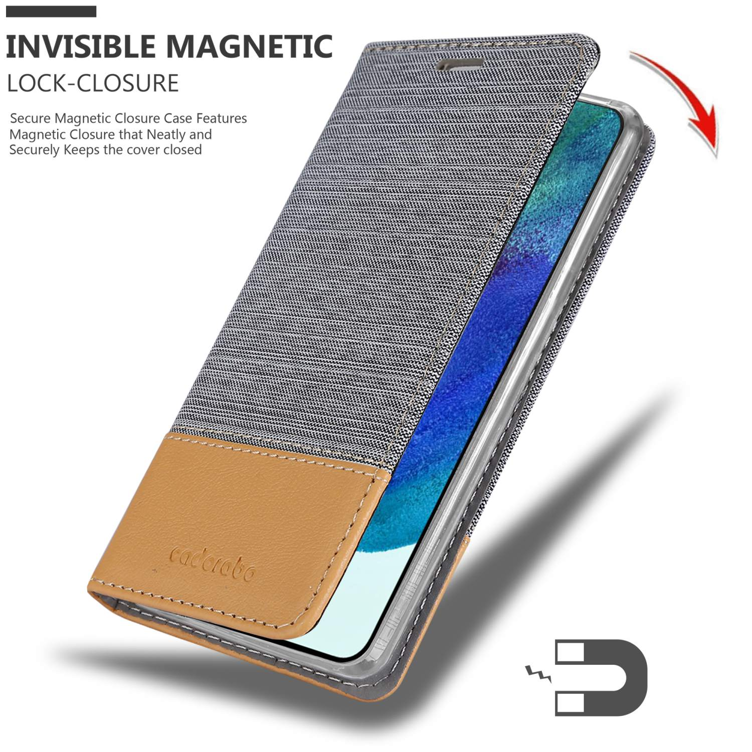 Eine teilweise geöffnete Handyhülle, die einen Bildschirm zeigt. Magnetverschluss sichtbar.