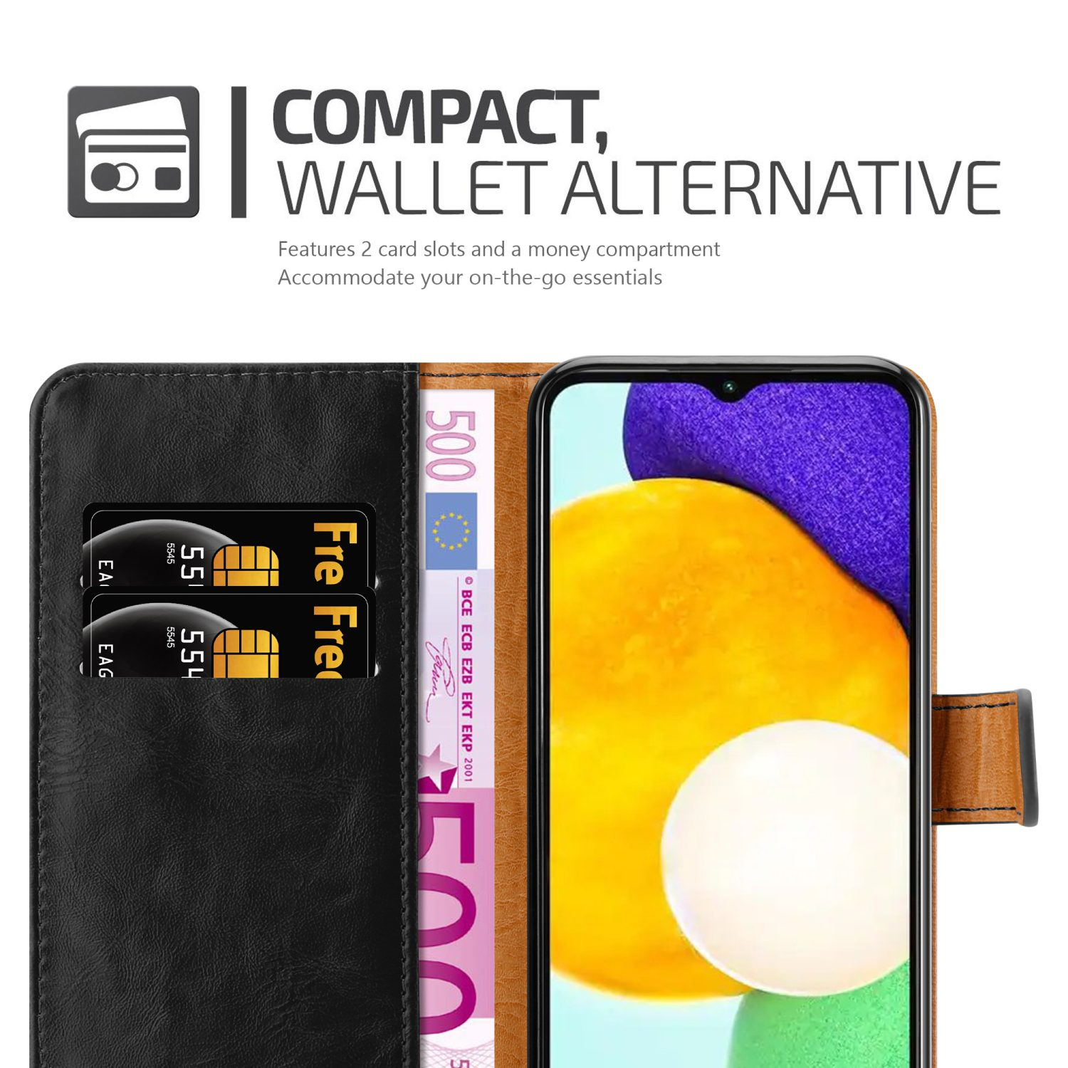Custodia a portafoglio compatta con due slot per carte e scomparto per banconote. Telefono dentro.