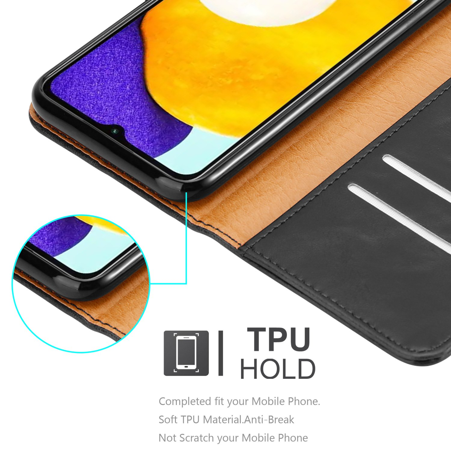 Custodia per telefono nera con un telefono all'interno, la custodia ha funzioni di supporto in TPU.