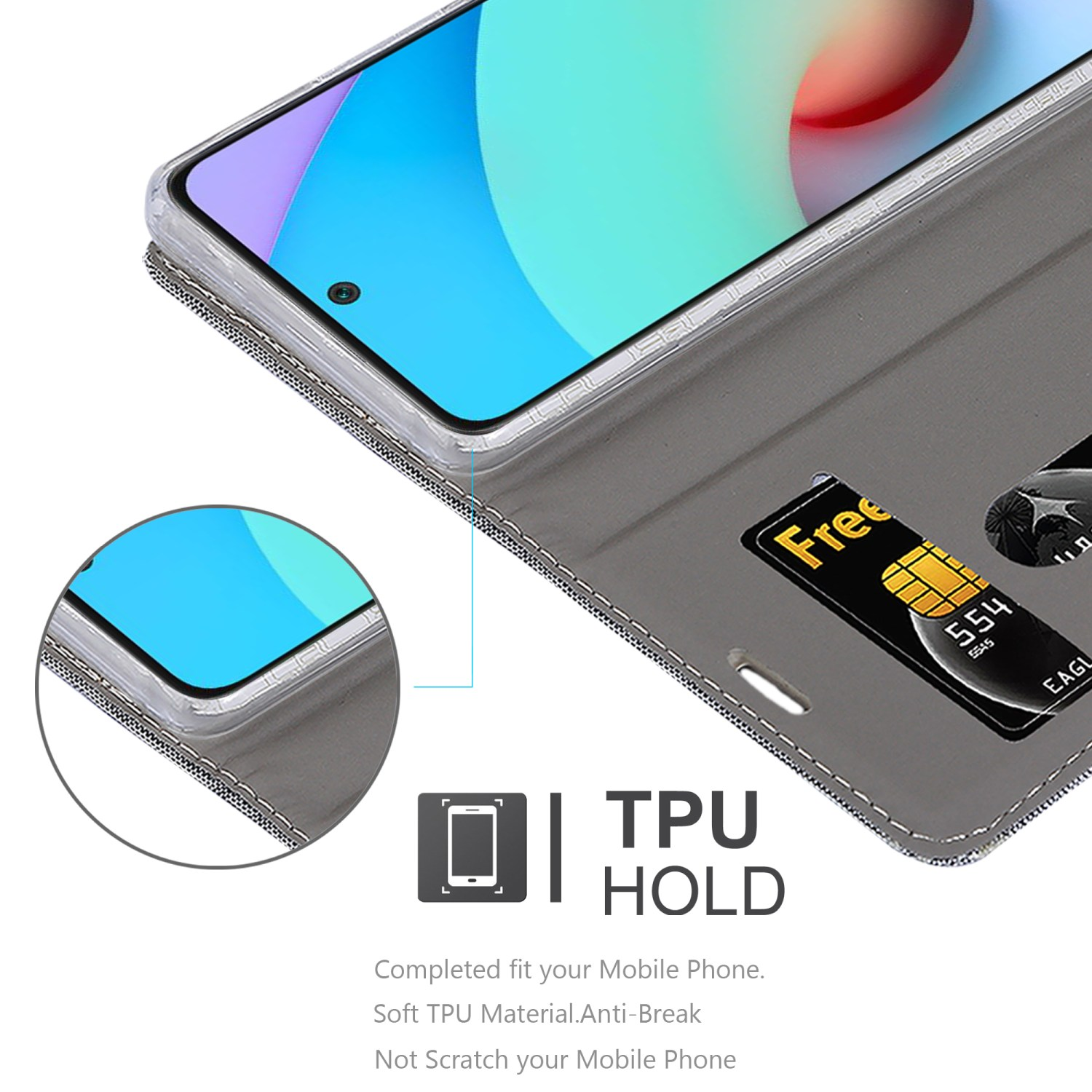 Graues Handy-Case offen mit Telefon. Detail zeigt Kante und Nähte des Telefons.