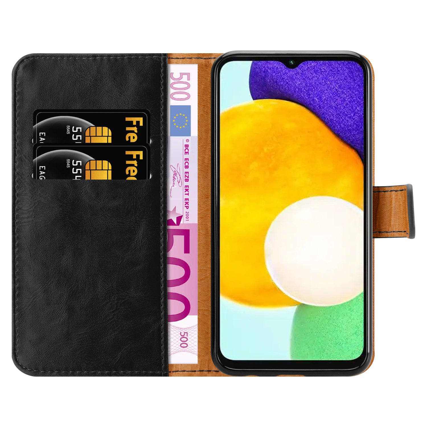 Custodia a portafoglio con carte di credito, denaro e un telefono.