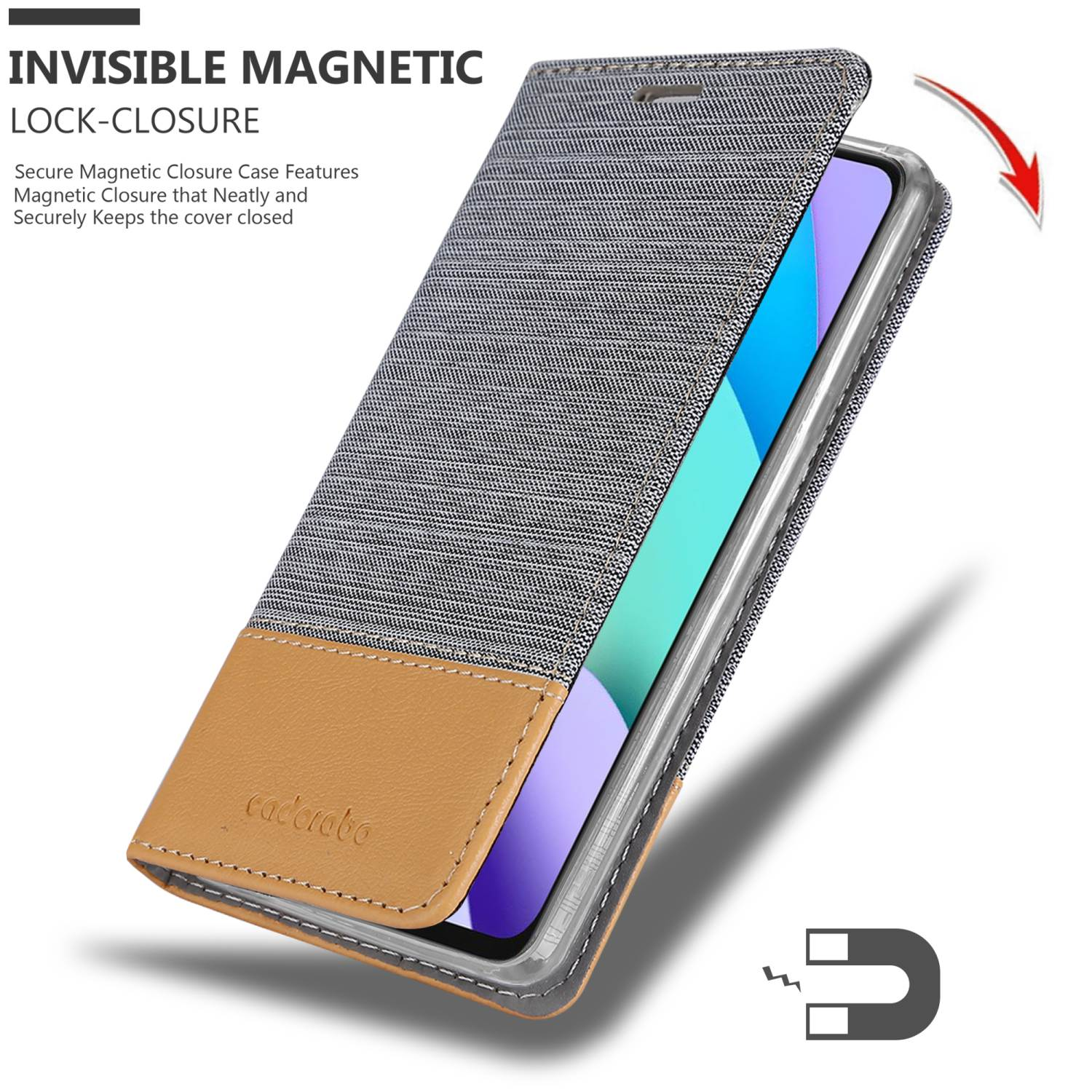 Graue Handyhülle, offen, mit einem Telefon. Die Hülle hat eine lederartige Textur.