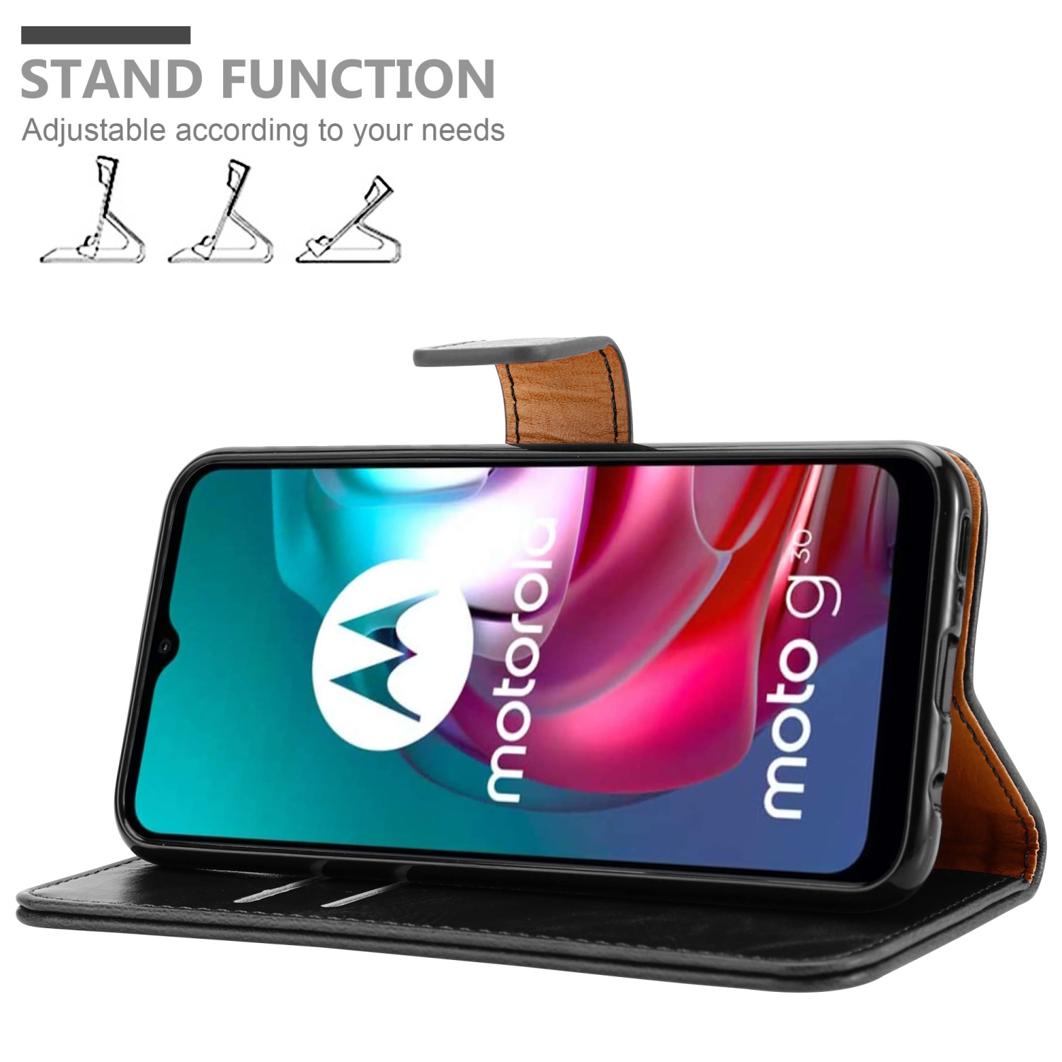 Custodia per telefono nera, con il telefono sul supporto. Il telefono è un Motorola.